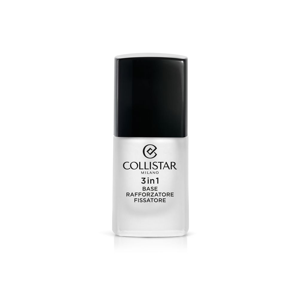 Collistar 3in1 Base: Verstärkende und fixierende Unterlack-Flasche mit schwarzem Deckel.
