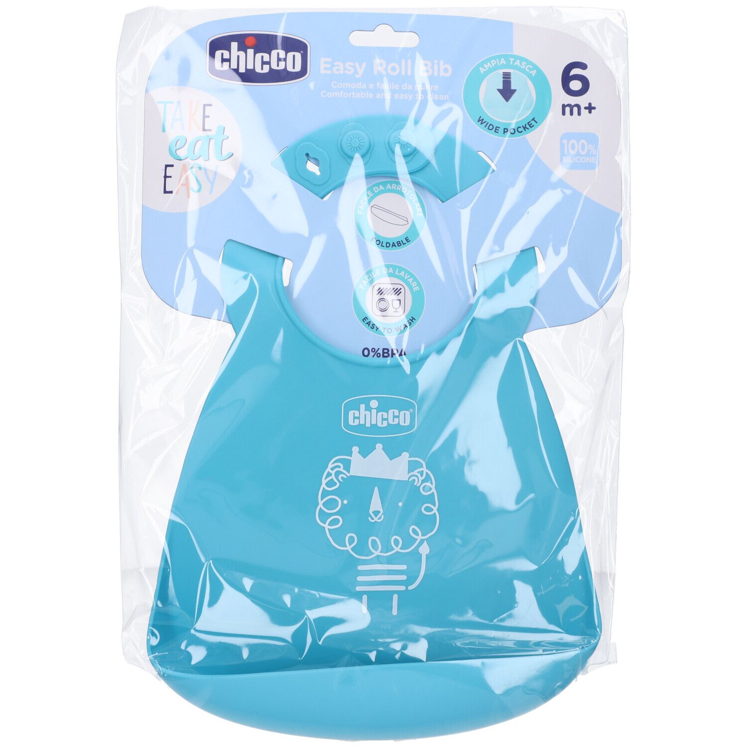Blauer Silikon-Lätzchen in Verpackung. Mit Löwen-Illustration. Marke Chicco. Mit breiter Tasche und 6m+.