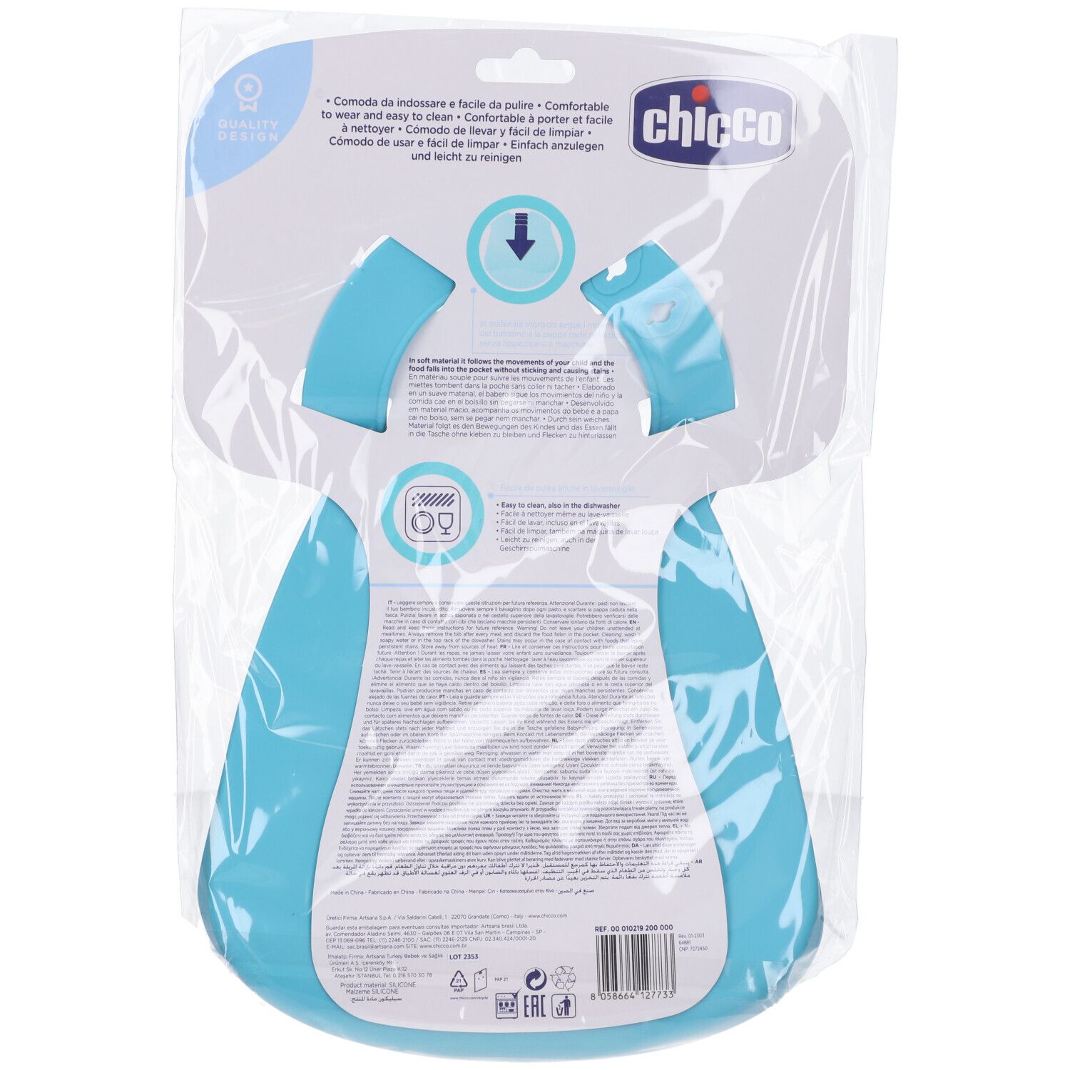 Rückseite des blauen Silikon-Lätzchens in Verpackung. Marke Chicco. Mit Informationen und Qualitätszeichen.