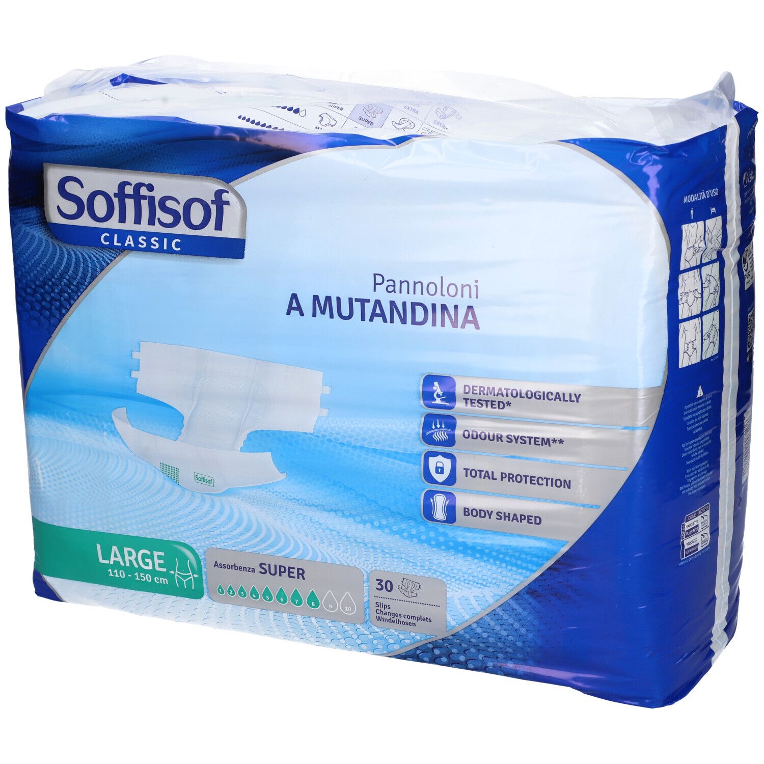 Verpackung mit Inkontinenzprodukten. Aufschrift: Soffisof Classic, Pannoloni A Mutandina, Größe L, 30 Stück. Dermatologisch getestet.