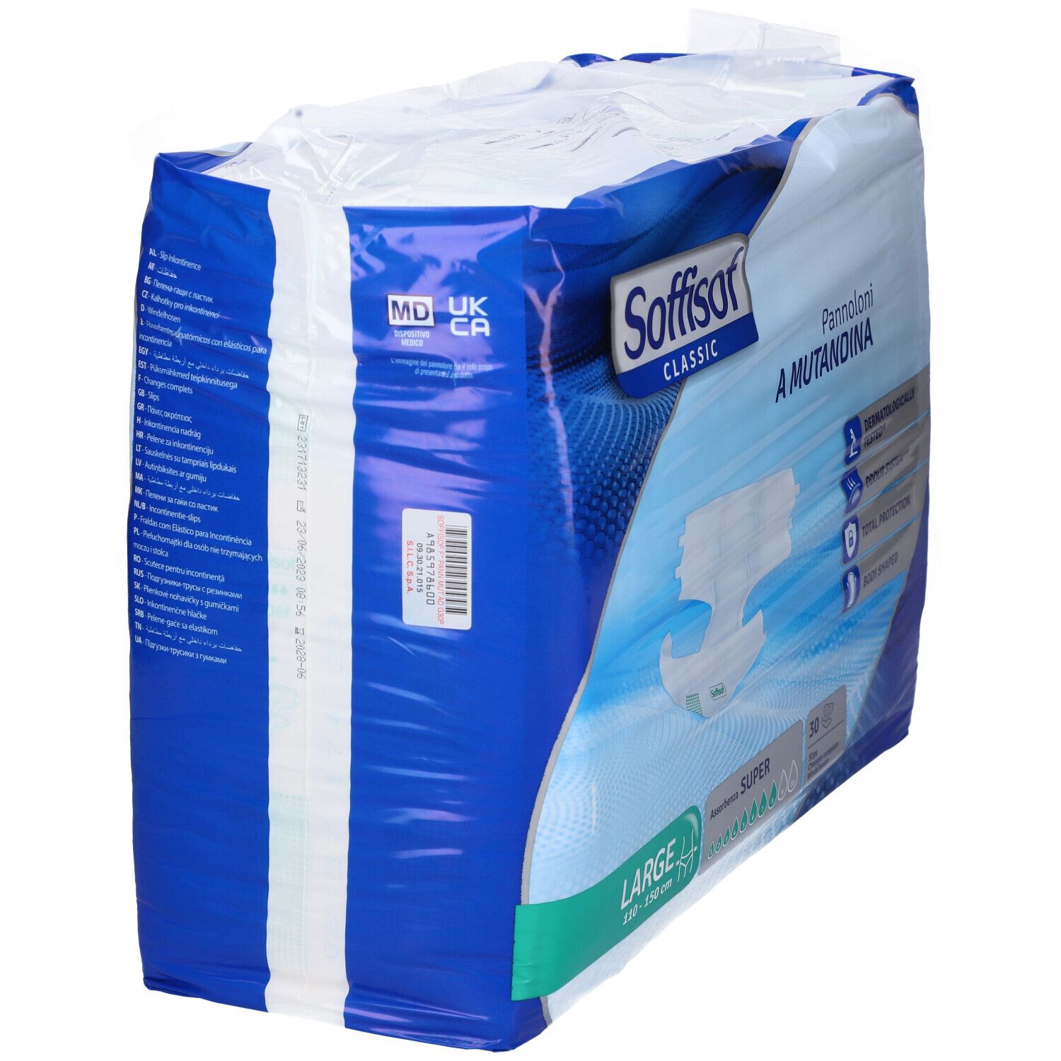 Verpackung mit Inkontinenzprodukten. Aufschrift: Soffisof Classic, Pannoloni A Mutandina, Größe L. Verpackung in Blau und Weiß.