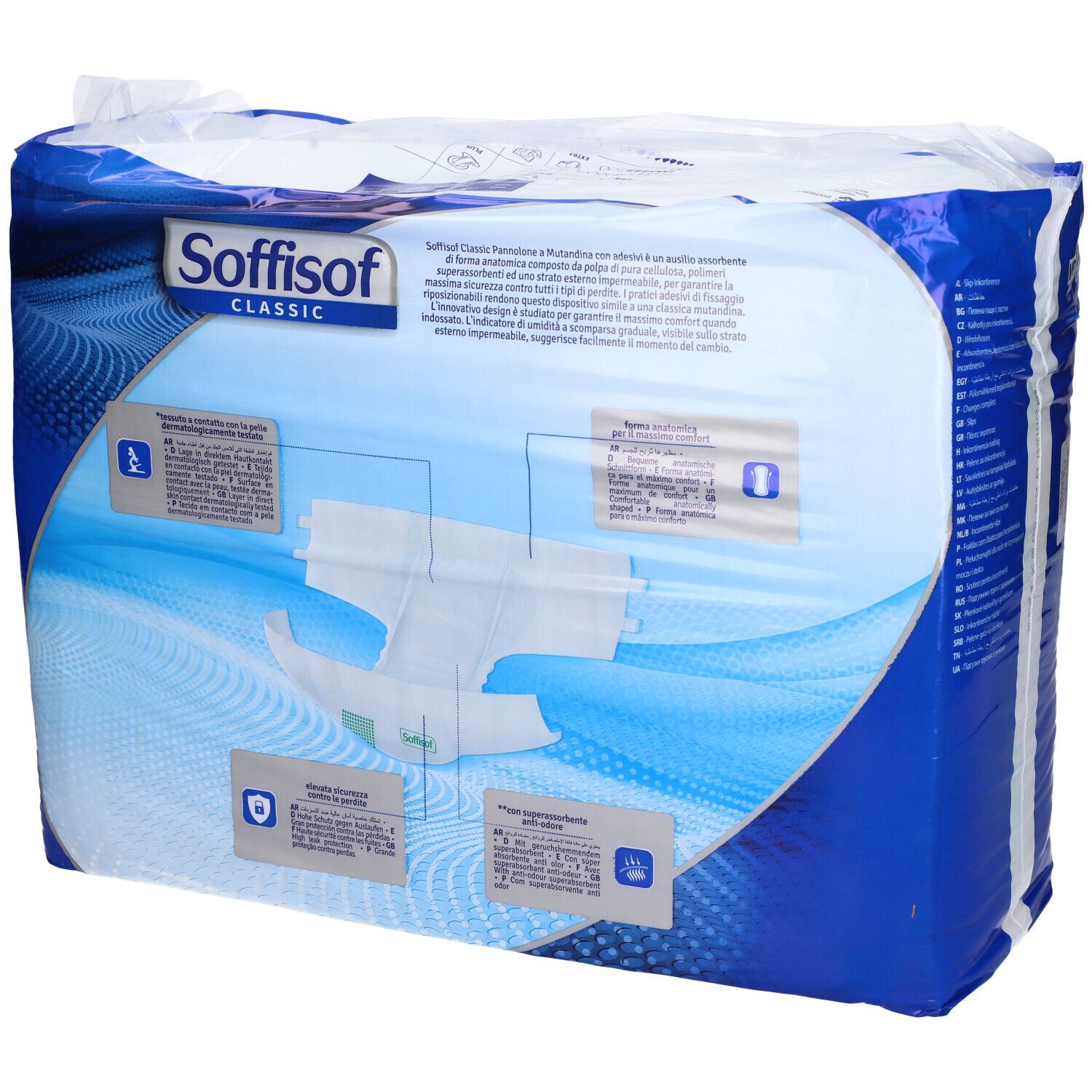 Verpackung mit Inkontinenzprodukten. Aufschrift: Soffisof Classic, Pannoloni A Mutandina. Produktabbildung. Blaue und weiße Verpackung.