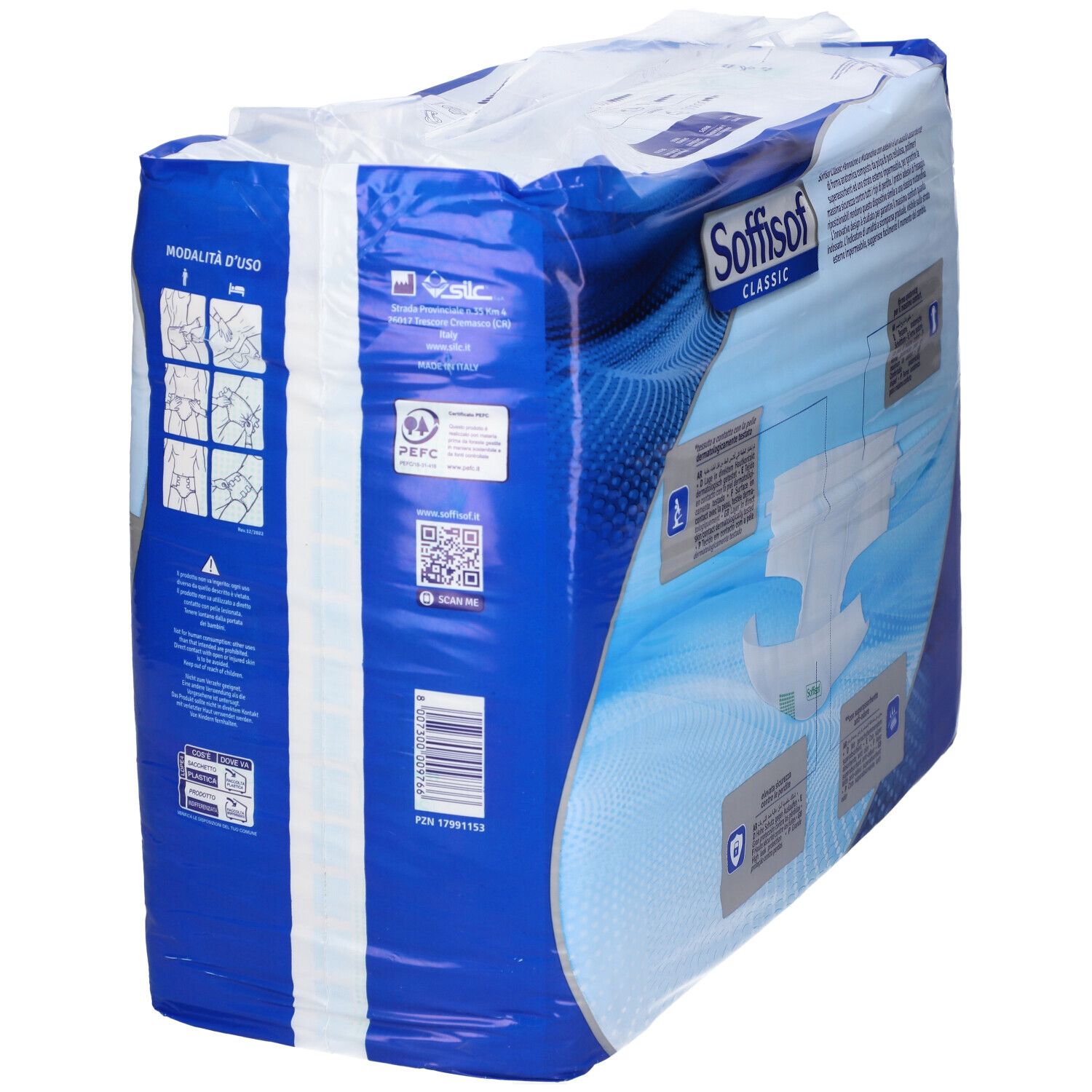 Verpackung mit Inkontinenzprodukten. Aufschrift: Soffisof Classic. Modus operandi. Blaue und weiße Verpackung.