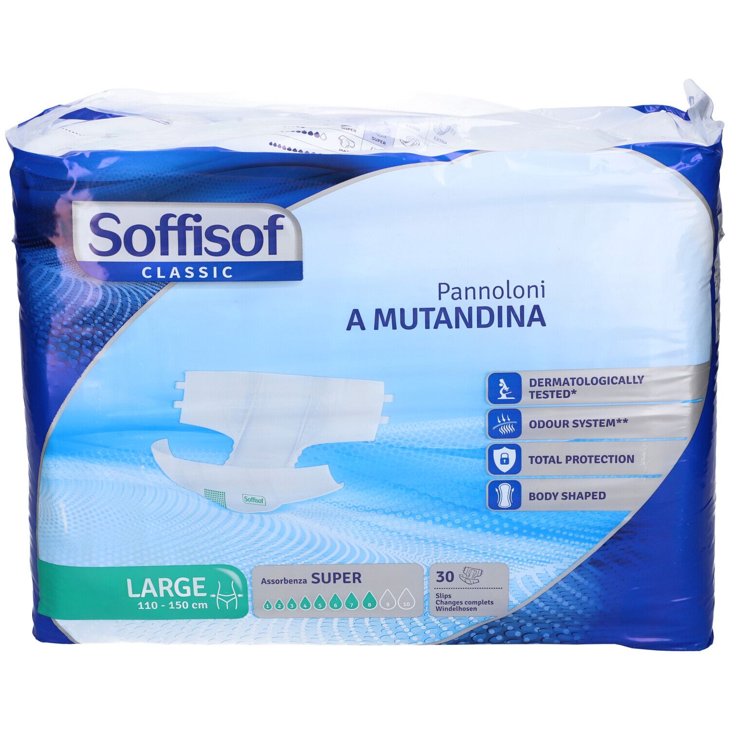 Verpackung mit Inkontinenzprodukten. Aufschrift: Soffisof Classic, Pannoloni A Mutandina, Größe L, 30 Stück. Dermatologisch getestet.