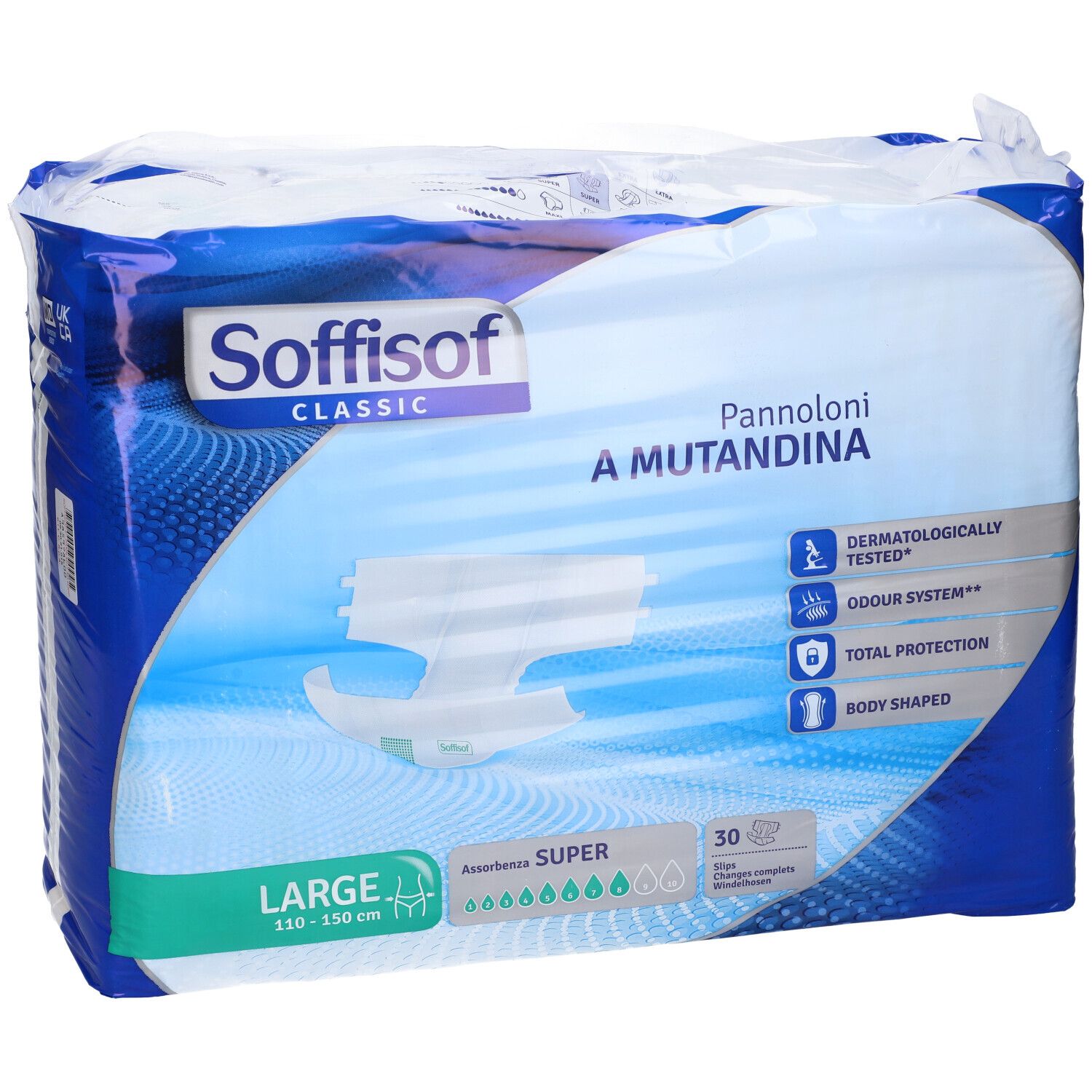 Verpackung mit Inkontinenzprodukten. Aufschrift: Soffisof Classic, Pannoloni A Mutandina, Größe L, 30 Stück. Dermatologisch getestet.