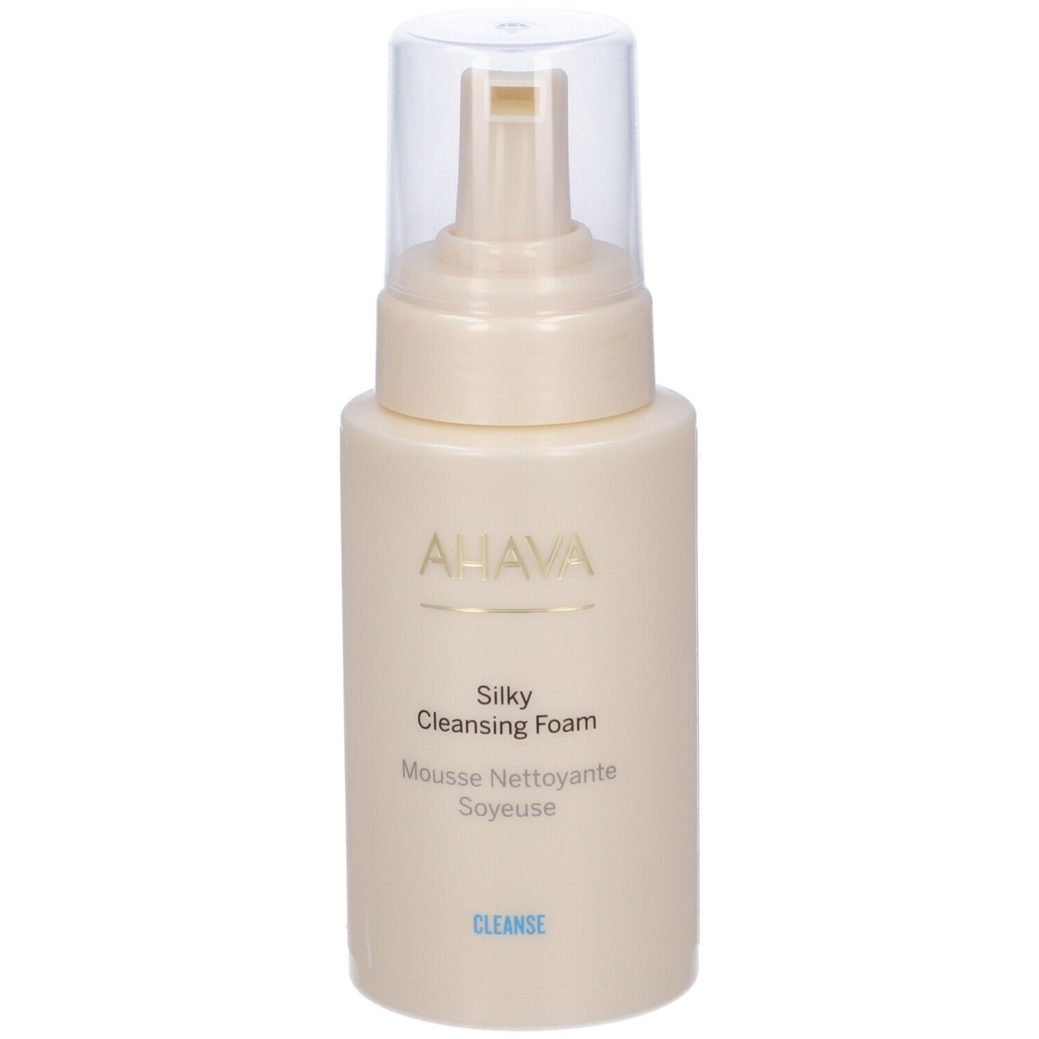 AHAVA Silky Cleansing Foam. Beige Flasche mit Pumpkopf. Beschriftung: AHAVA, Silky Cleansing Foam, Mousse Nettoyante Soyeuse, CLEANSE.