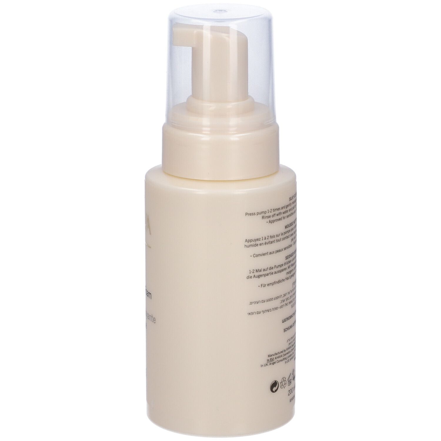 AHAVA Silky Cleansing Foam. Beige Flasche mit Pumpkopf. Rückseite mit Text. Beschriftung: AHAVA, Silky Cleansing Foam, Mousse Nettoyante Soyeuse.