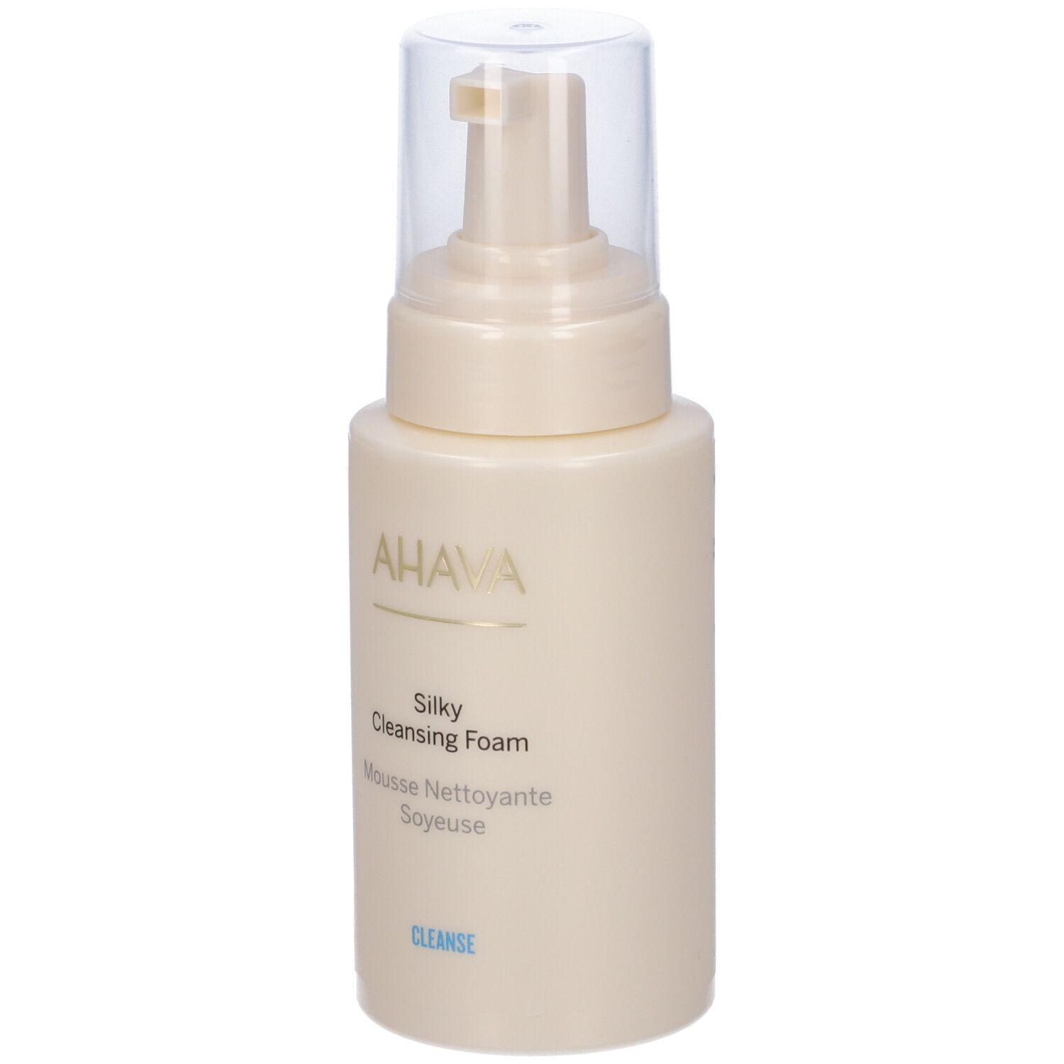 AHAVA Silky Cleansing Foam. Beige Flasche mit Pumpkopf. Beschriftung: AHAVA, Silky Cleansing Foam, Mousse Nettoyante Soyeuse, CLEANSE.