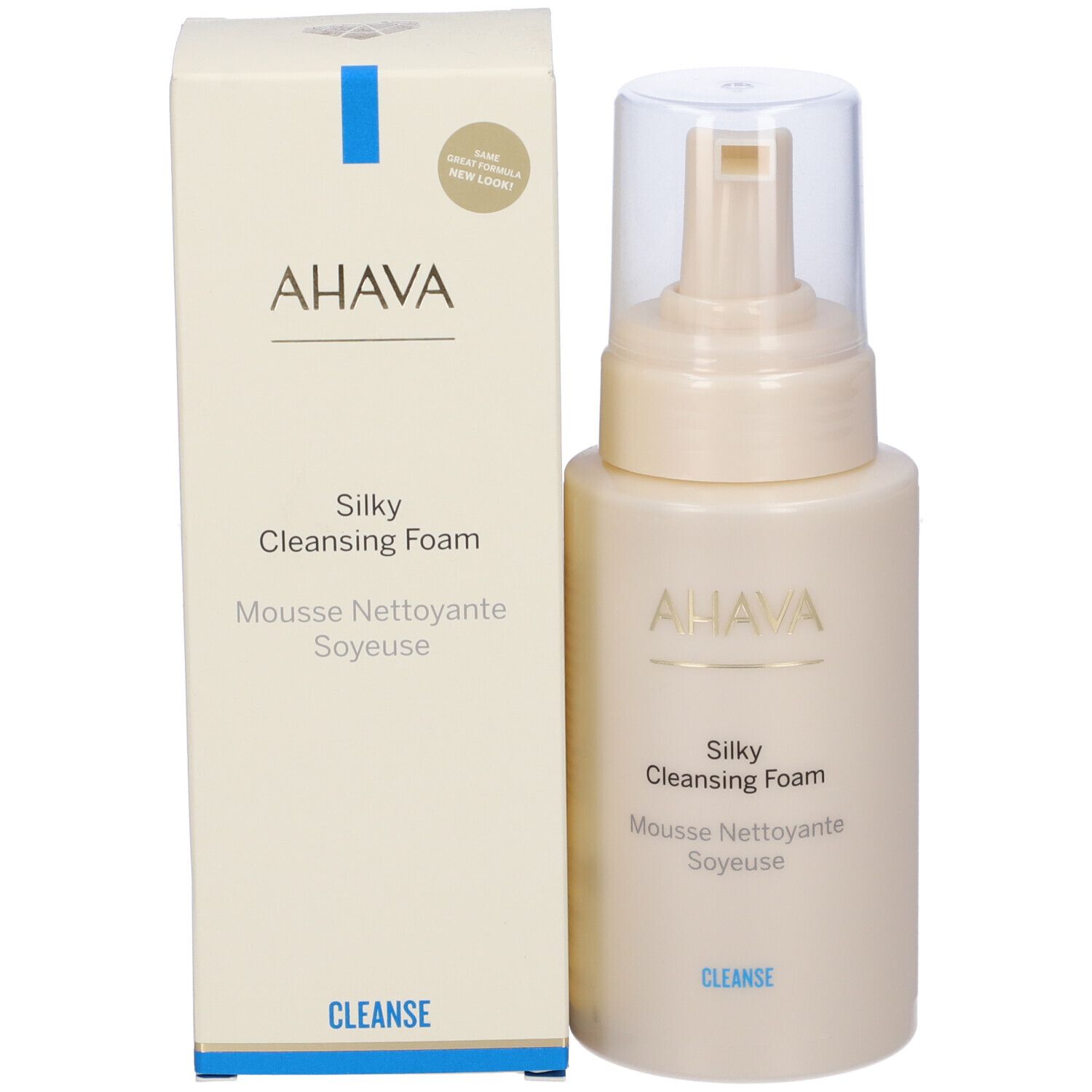 AHAVA Silky Cleansing Foam und Verpackung. Beige Flasche mit Pumpkopf und Karton. Beschriftung: AHAVA, Silky Cleansing Foam, CLEANSE.