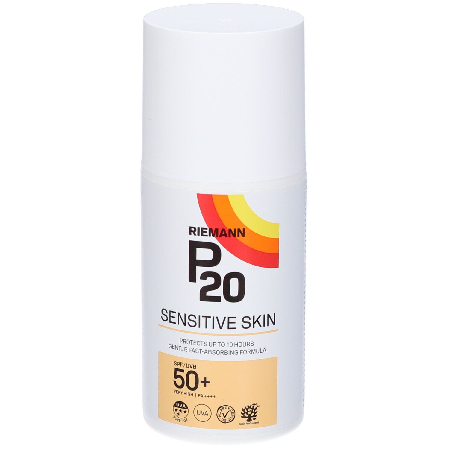 Sonnencreme-Flasche mit weißem Deckel. Aufschrift: Riemann P20 Sensitive Skin SPF 50+. Farbiger Streifen.