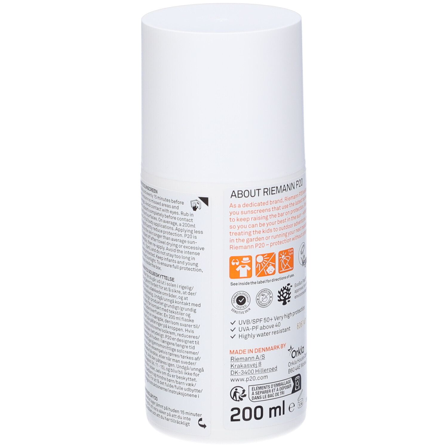 Weiße Sonnencreme-Flasche. Rückseite mit Text und Logos. 200 ml. UVA- und UVB-Schutz.