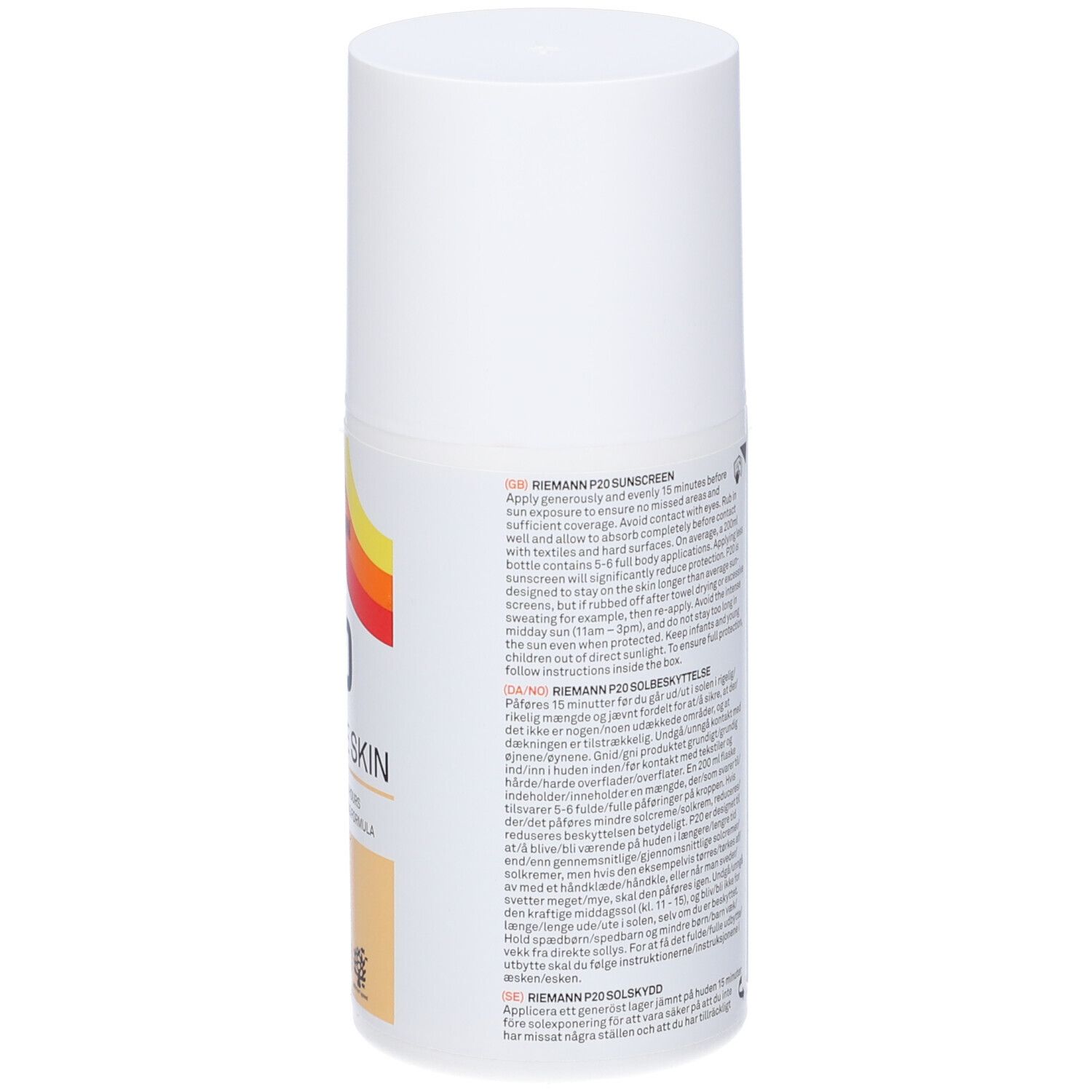 Weiße Sonnencreme-Flasche. Rückseite mit Text. Anweisungen in mehreren Sprachen. 200 ml.