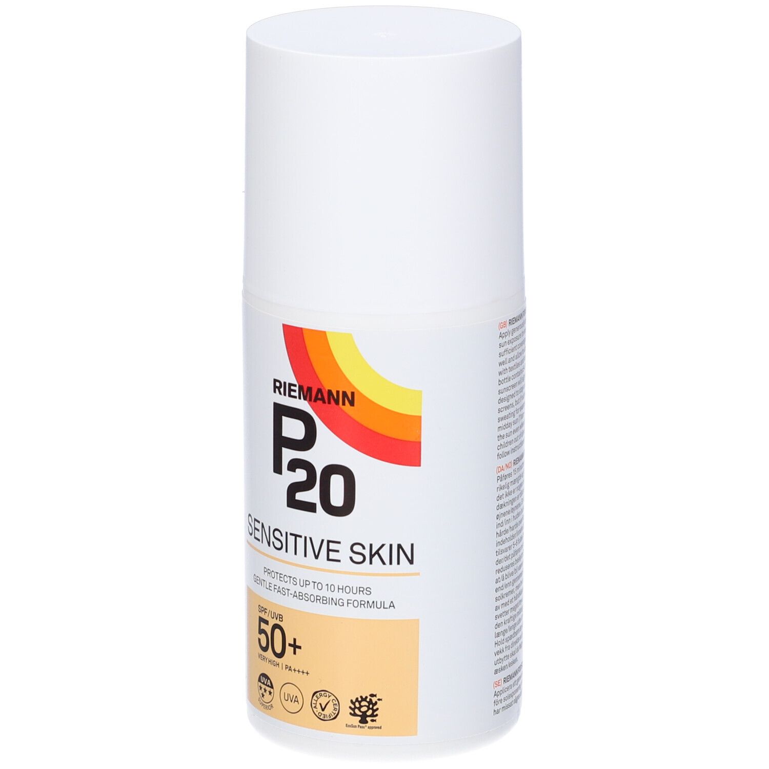 Weiße Sonnencreme-Flasche. Aufschrift: Riemann P20 Sensitive Skin SPF 50+. Farbiger Streifen.