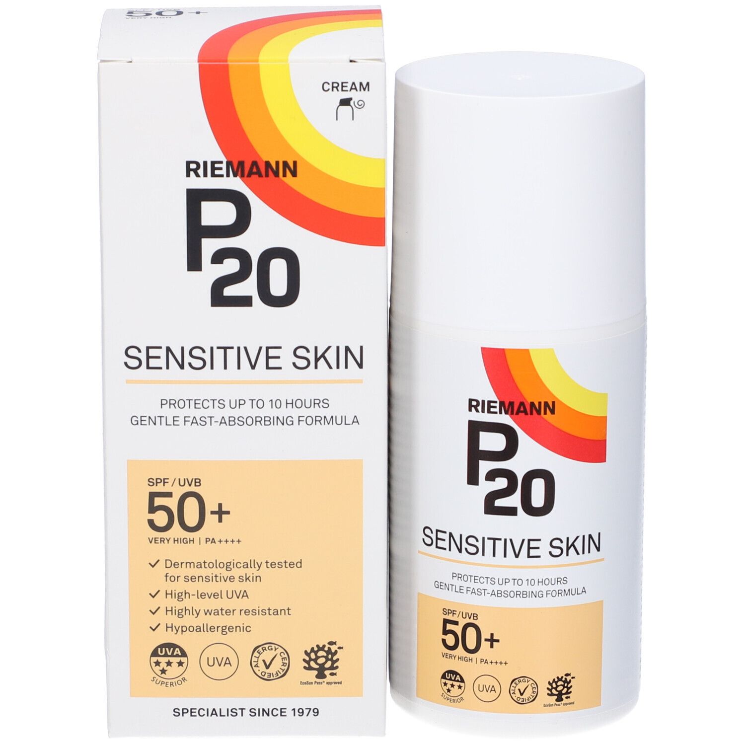 Sonnencreme-Flasche und Schachtel. Aufschrift: Riemann P20 Sensitive Skin SPF 50+. Dermatologisch getestet.
