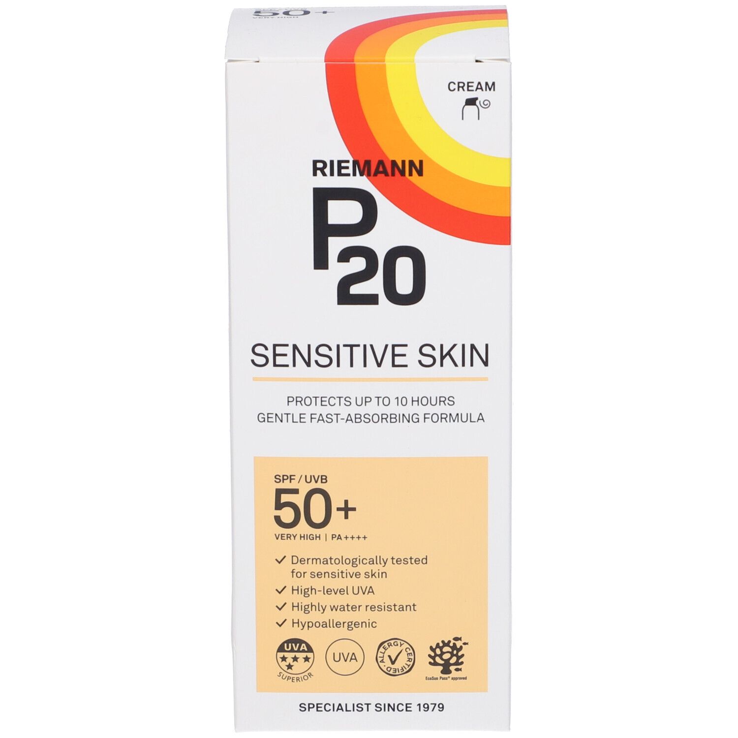 Sonnencreme-Schachtel. Aufschrift: Riemann P20 Sensitive Skin SPF 50+. Dermatologisch getestet.