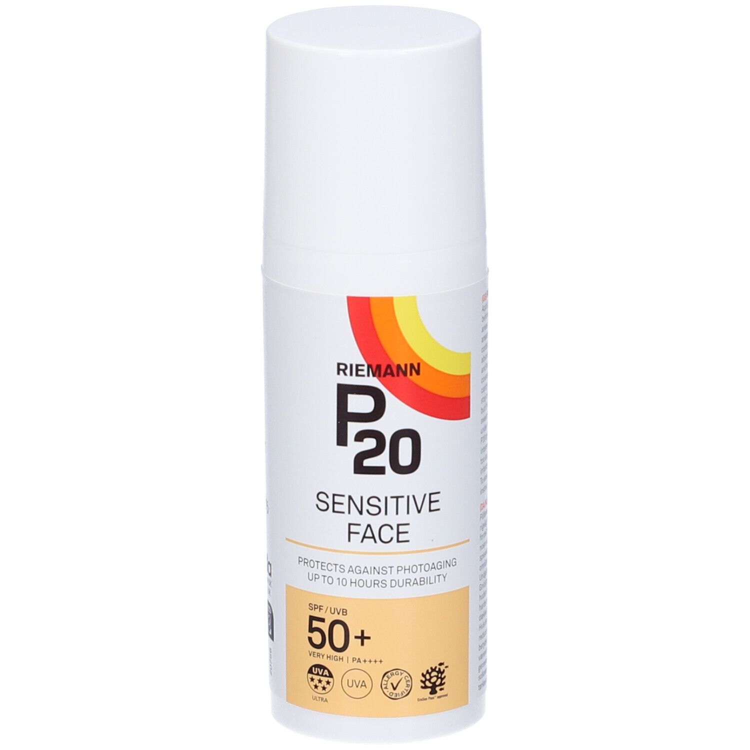 Weiße Flasche mit P20 Sensitive Face. SPF 50+. Farbiger Aufdruck. Sonnencreme.