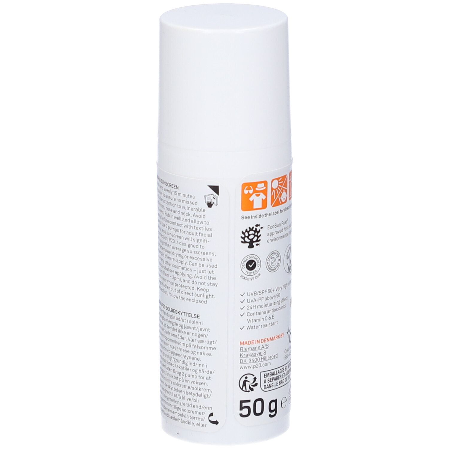 Weiße Flasche P20 Sensitive Face. Rückseite mit Text. 50g. Made in Denmark.