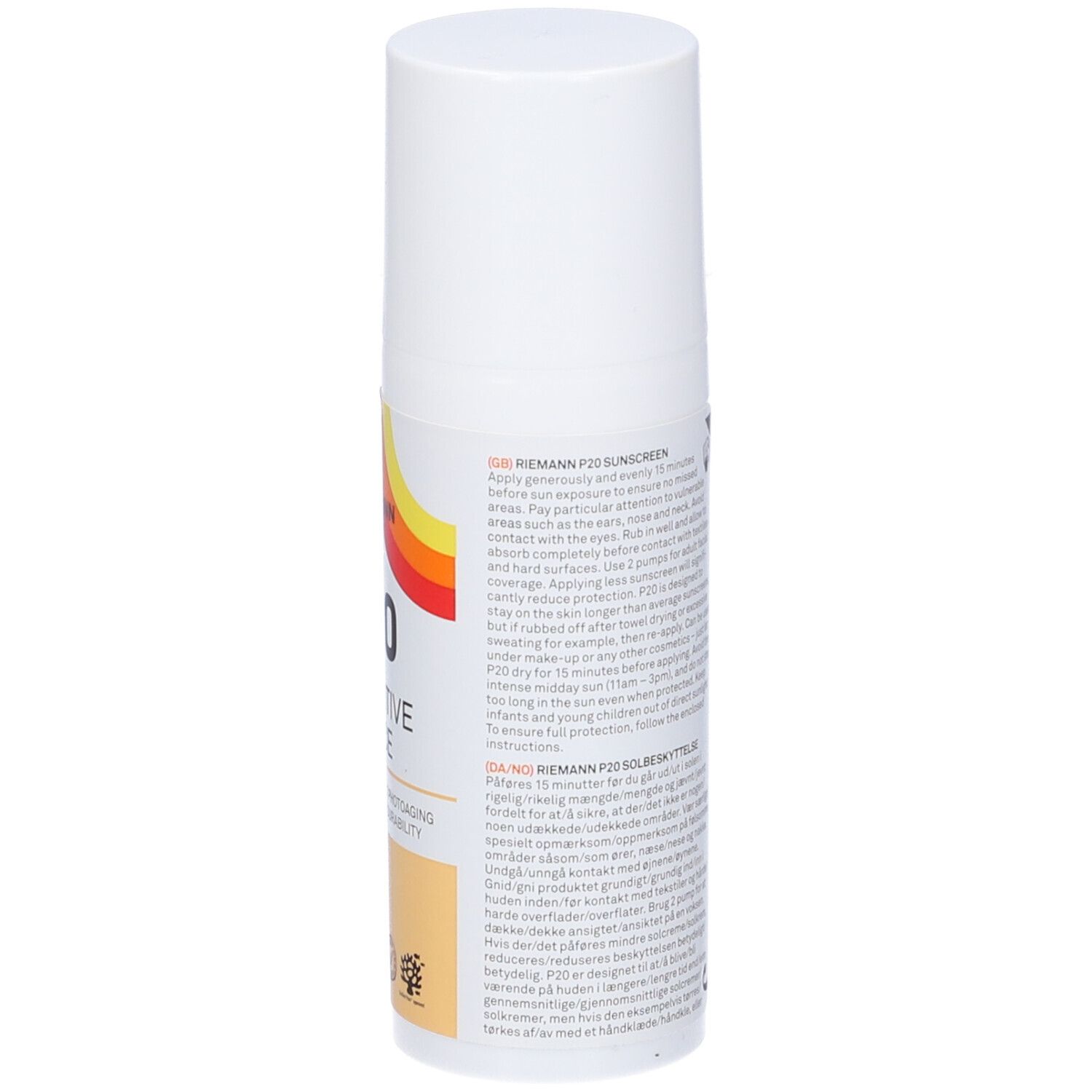 Weiße Flasche P20 Sensitive Face. Text in mehreren Sprachen. Sonnencreme.