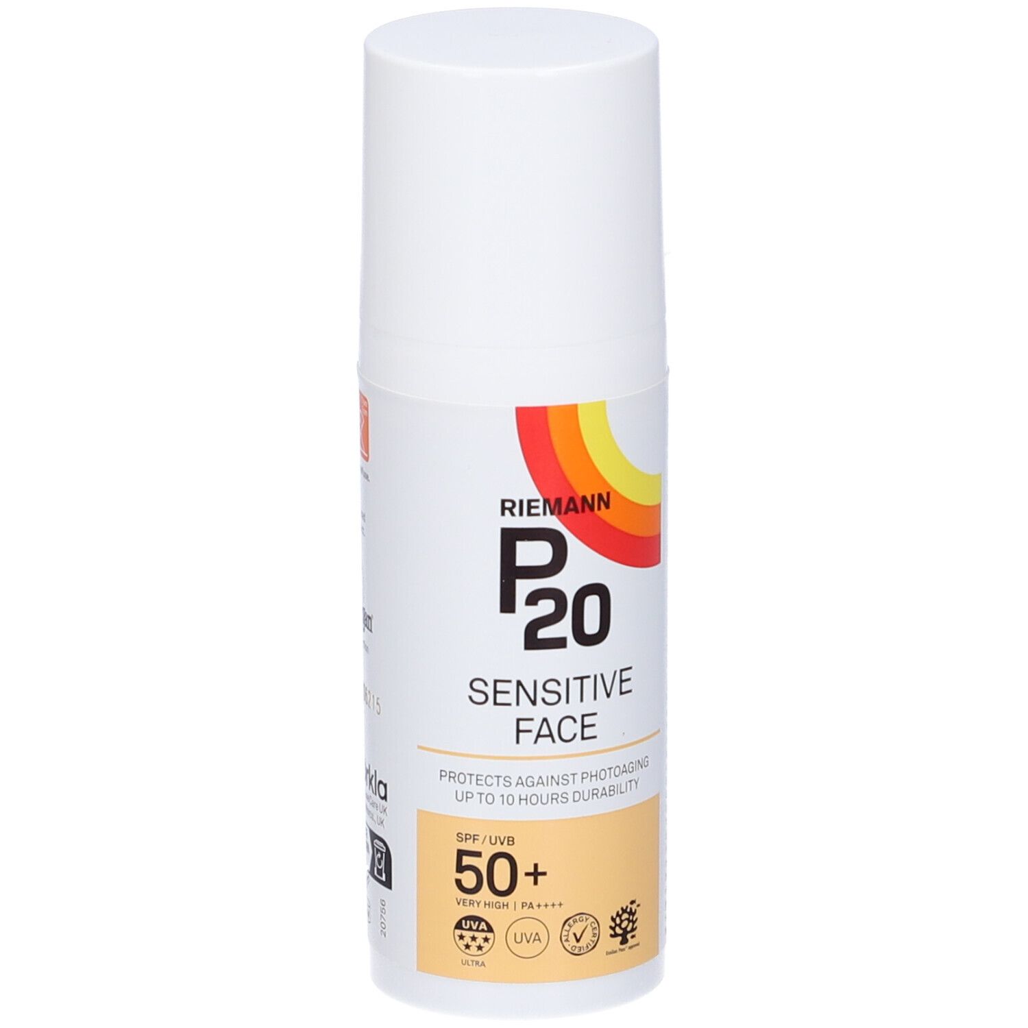 Weiße Flasche P20 Sensitive Face. SPF 50+. Farbiger Aufdruck. Sonnencreme.