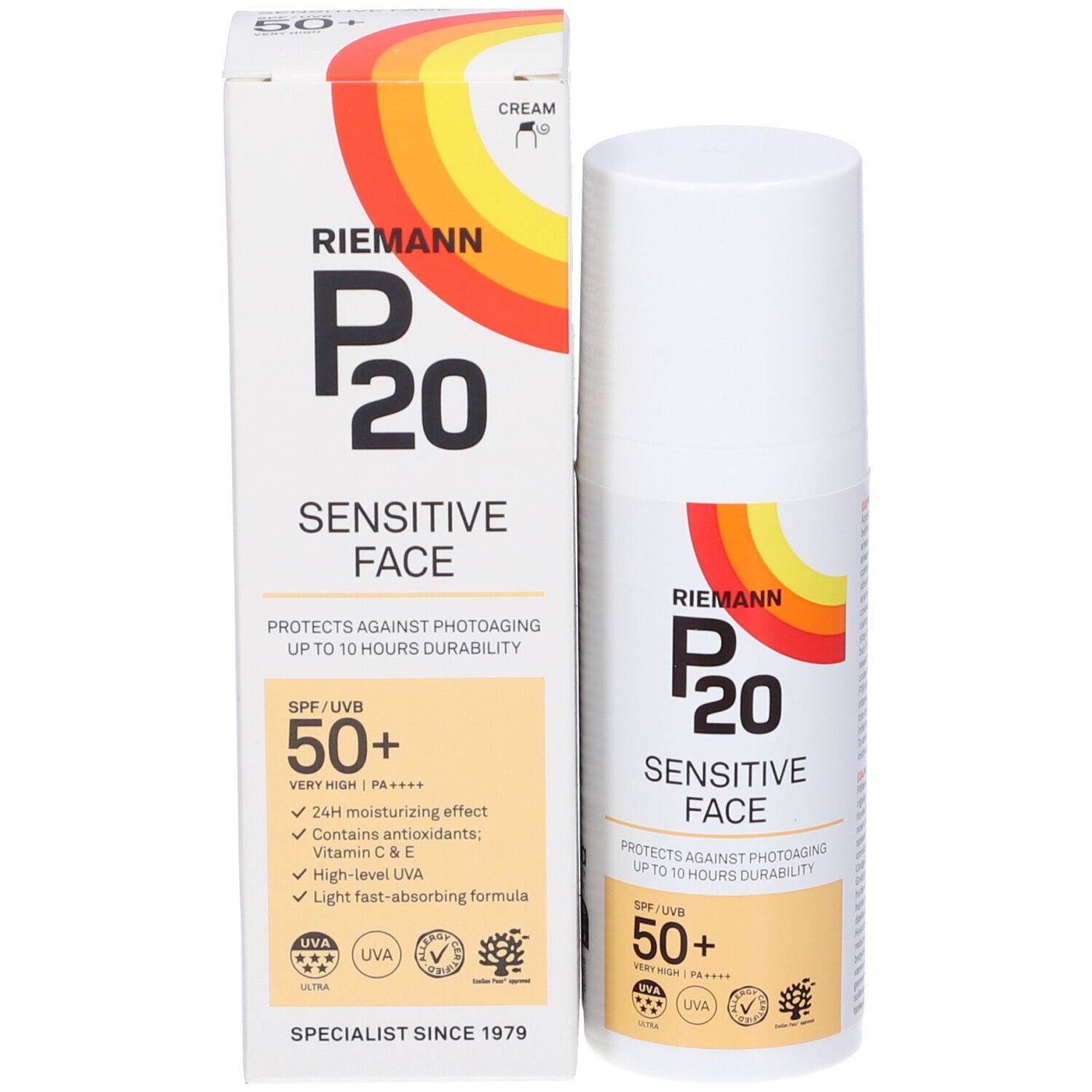 P20 Sensitive Face Flasche und Schachtel. SPF 50+. Enthält Antioxidantien.
