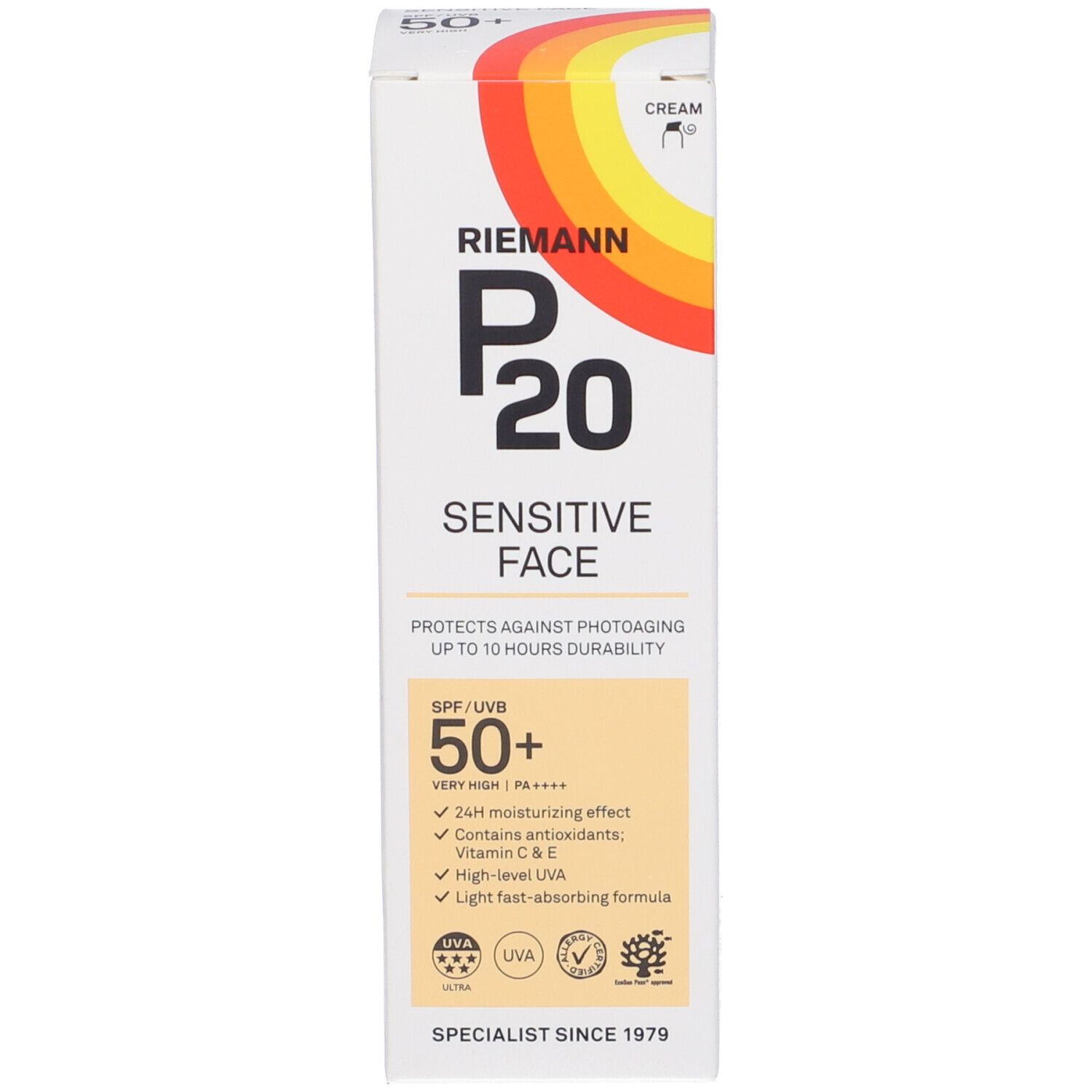 P20 Sensitive Face Schachtel. SPF 50+. Enthält Antioxidantien. Spezialist seit 1979.