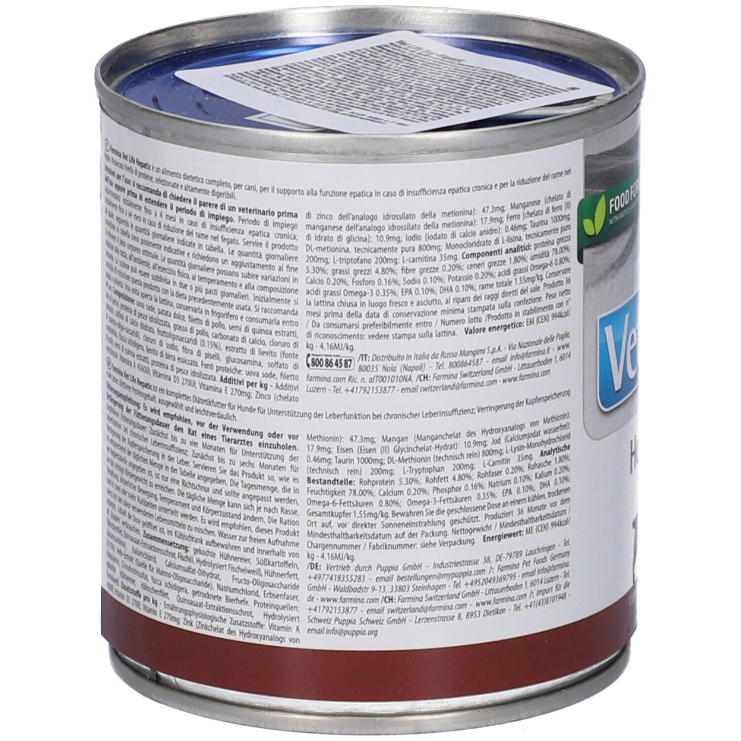 Hundefutterdose VetLife Hepatic. Dose mit Deckel, Etikett mit Text. Detailansicht der Inhaltsstoffe und Nährwertangaben. Brauner Streifen am unteren Rand.