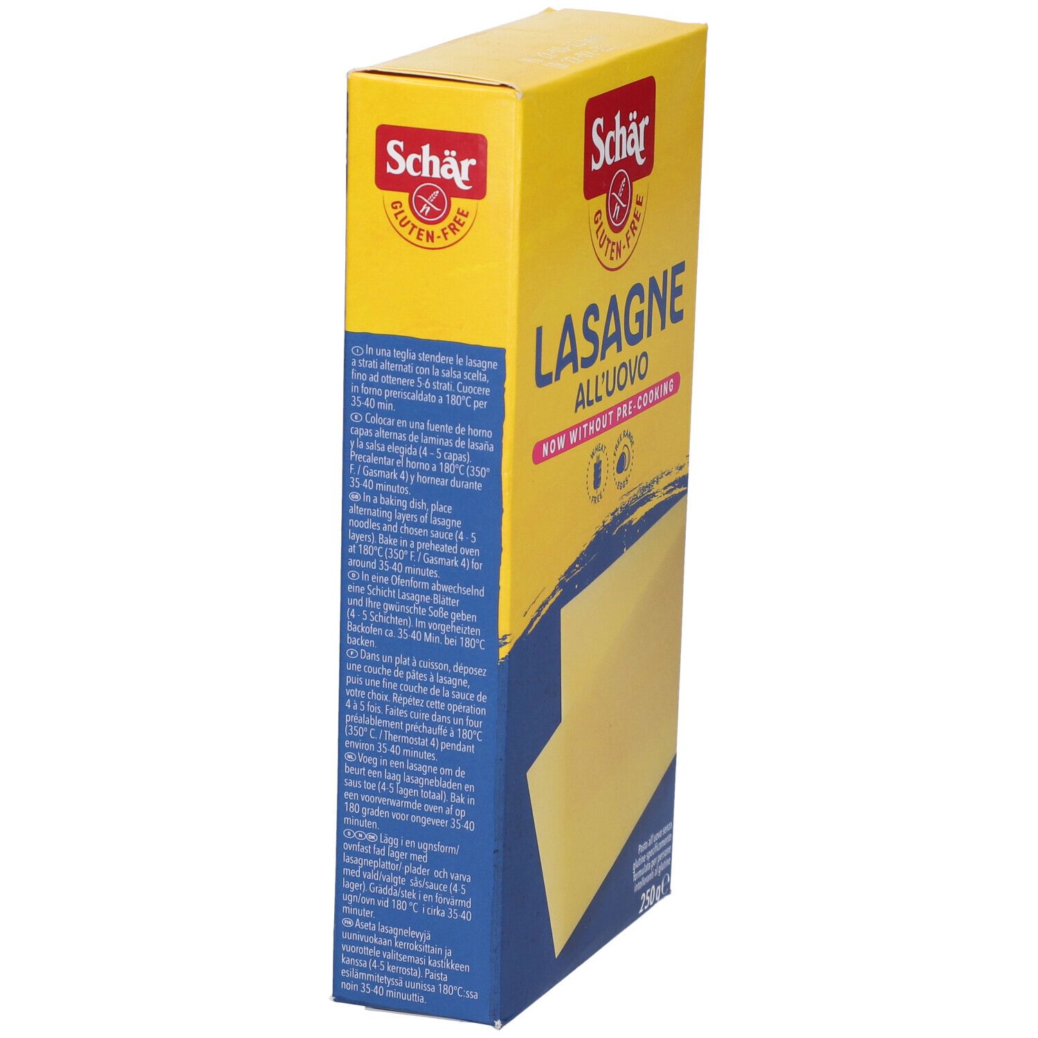 Gelbe Schachtel mit glutenfreien Lasagneplatten. Aufschrift: Schär, Lasagne all'uovo. Seitenansicht mit Text und Zubereitungshinweisen.
