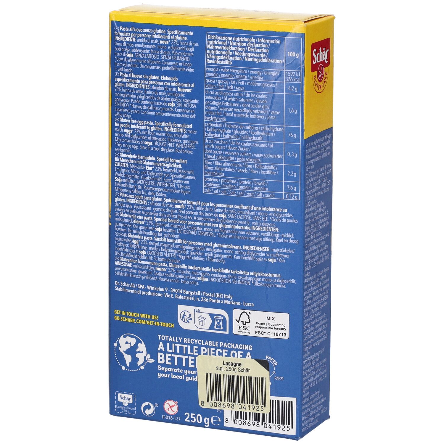 Rückseite der gelben Schachtel mit glutenfreien Lasagneplatten. Enthält Nährwertangaben, Zutatenliste und Recycling-Logo.