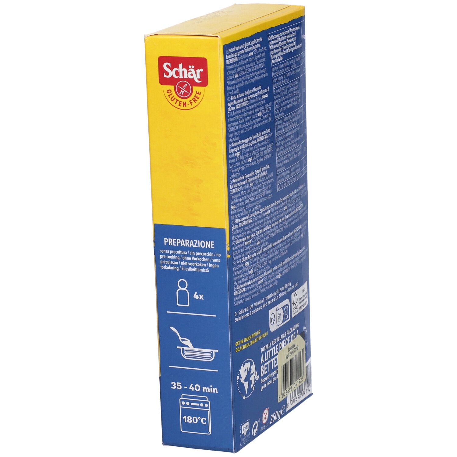 Seitenansicht der gelben Schachtel mit glutenfreien Lasagneplatten. Zubereitungshinweise mit Symbolen für Personen, Pfanne und Ofen.