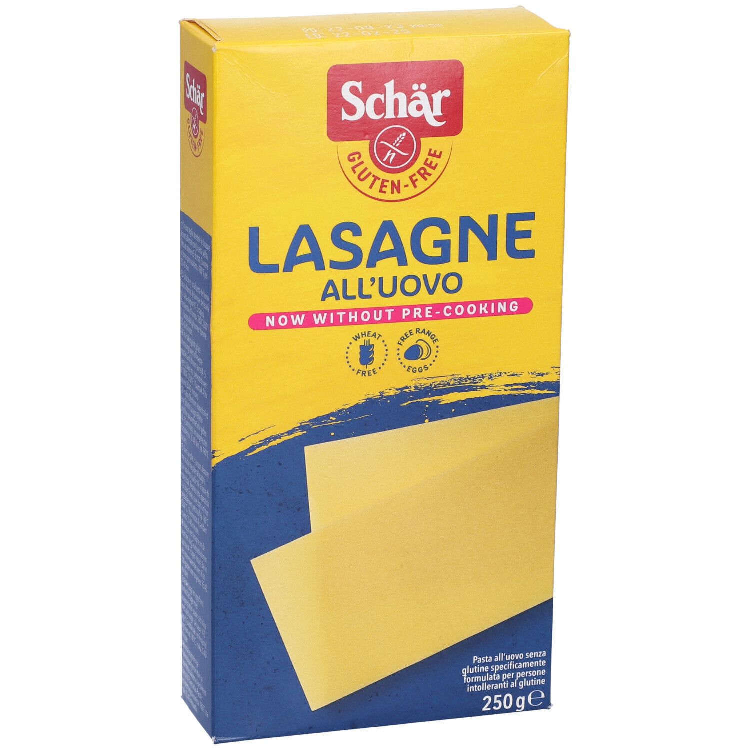Gelbe Schachtel mit glutenfreien Lasagneplatten. Aufschrift: Schär, Lasagne all'uovo, now without pre-cooking. Zwei Lasagneplatten sichtbar.