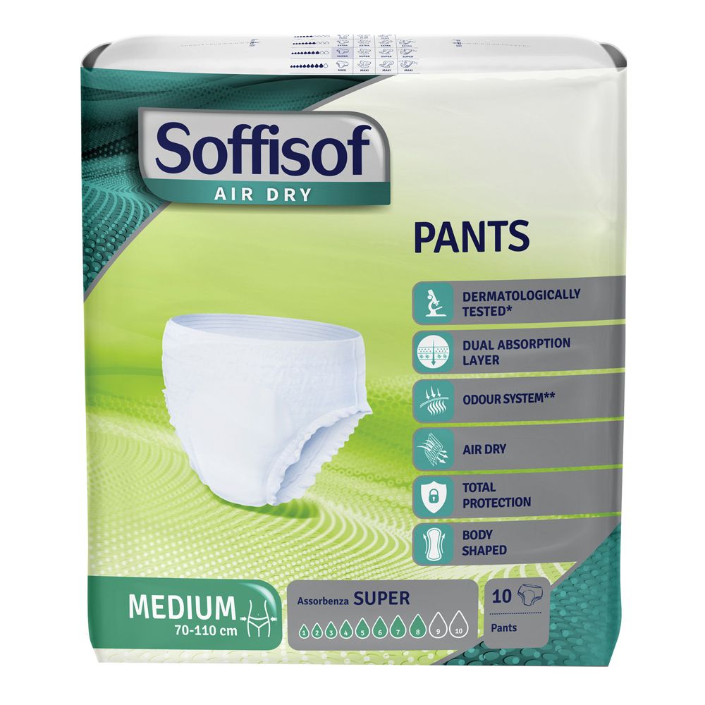Verpackung Soffisof Air Dry Pants Super Medium. Weiße Pants, 10 Stück. Medium, 70-110 cm. Dermatologisch getestet.
