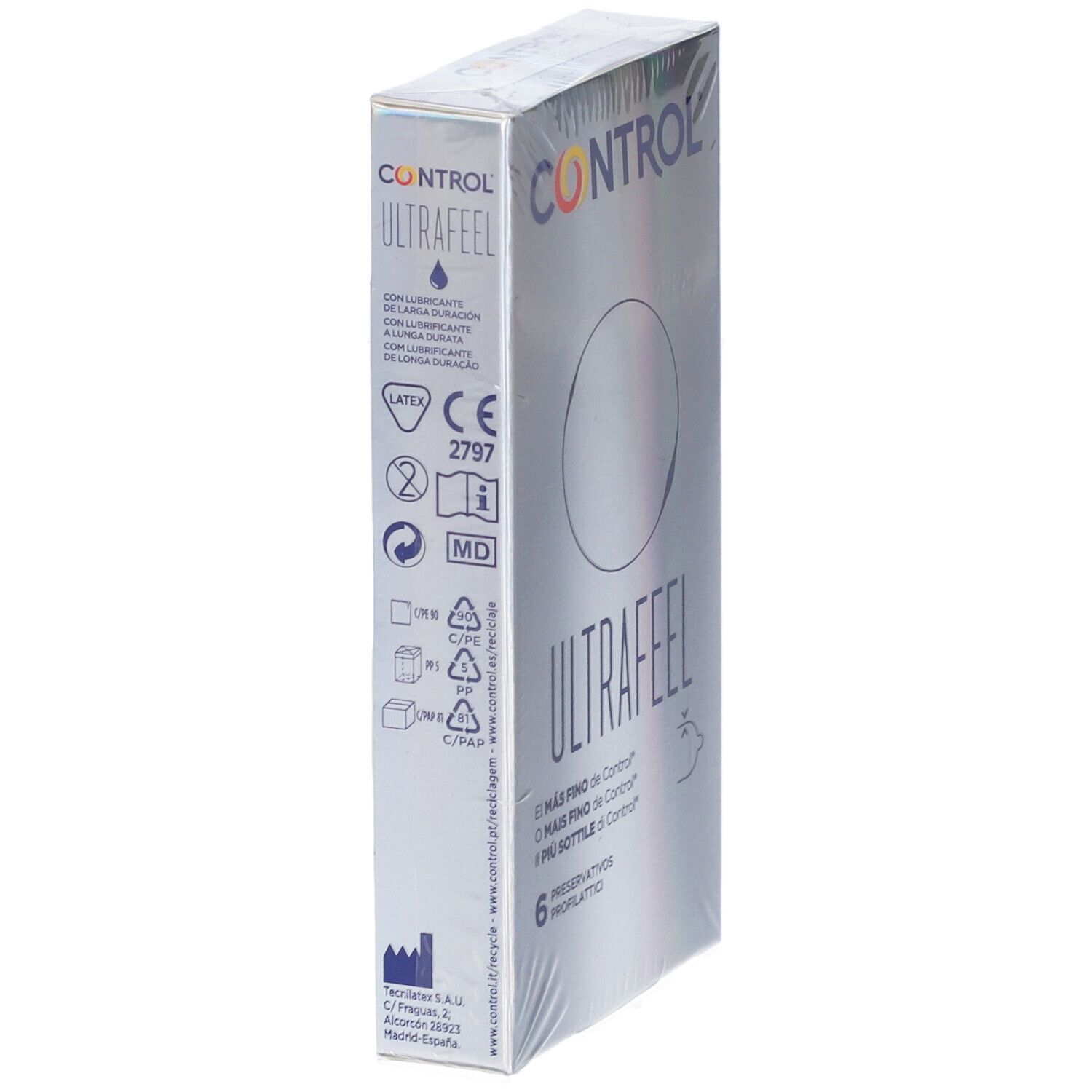 Control Ultra Feel Kondomverpackung, Rückseite mit Informationen und CE-Zeichen.