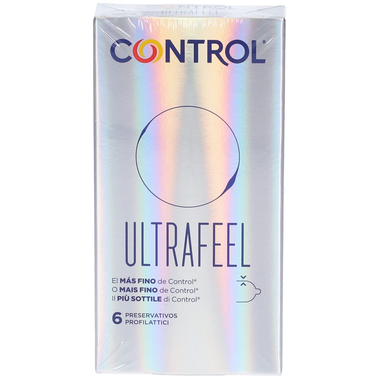 Control Ultra Feel Kondomverpackung, 6 Stück, mit holografischem Kreis.