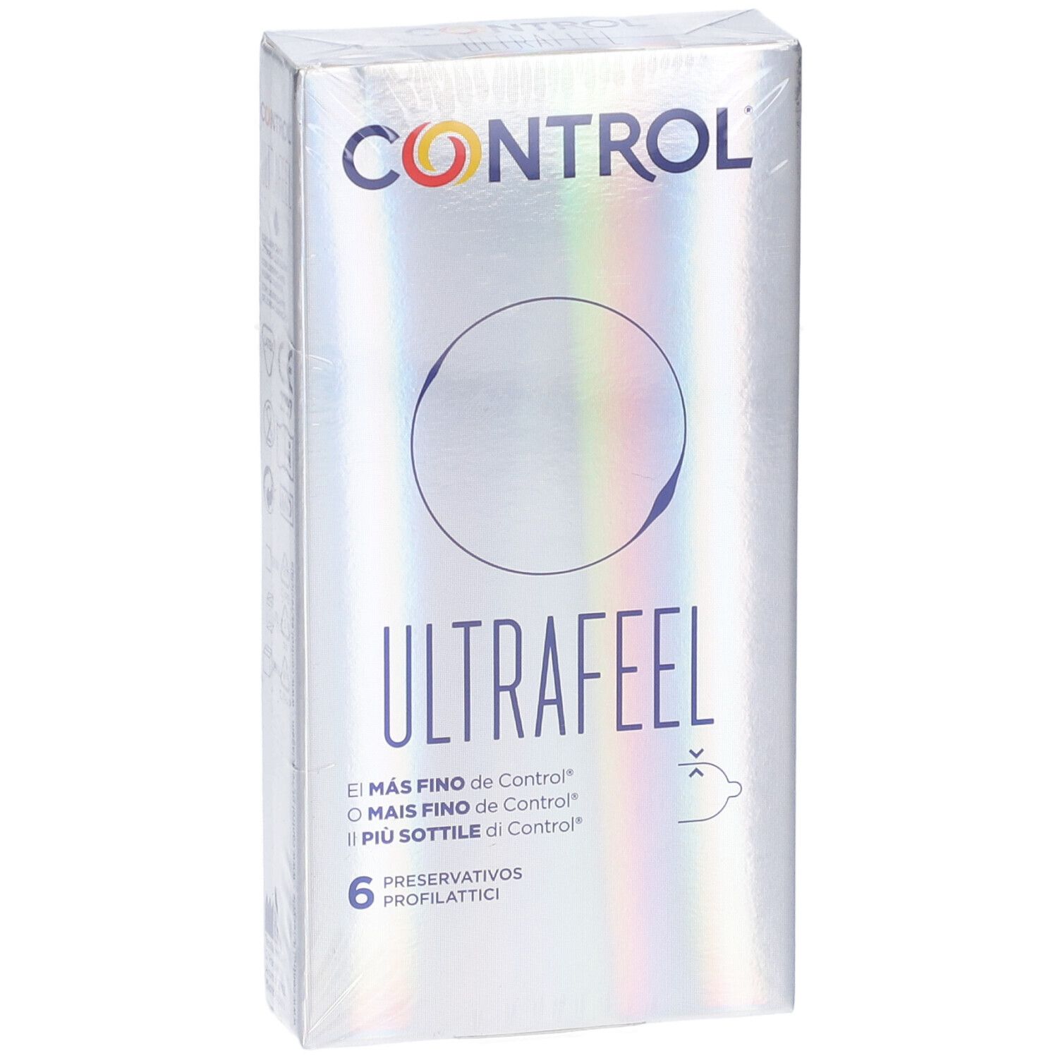 Control Ultra Feel Kondomverpackung, 6 Stück, mit holografischem Kreis.
