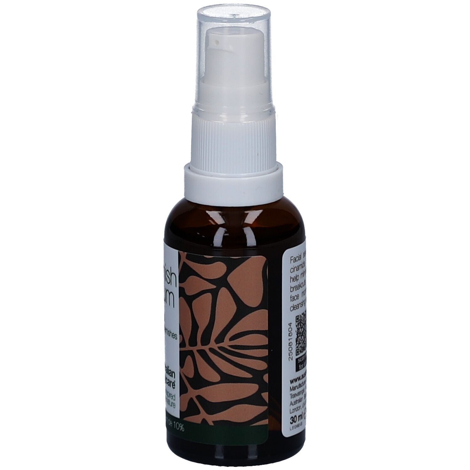 Braune Flasche mit weißem Pumpkopf. Aufschrift: Blemish Serum, hydratisiert & reduziert Hautunreinheiten. Rückseite mit Text.