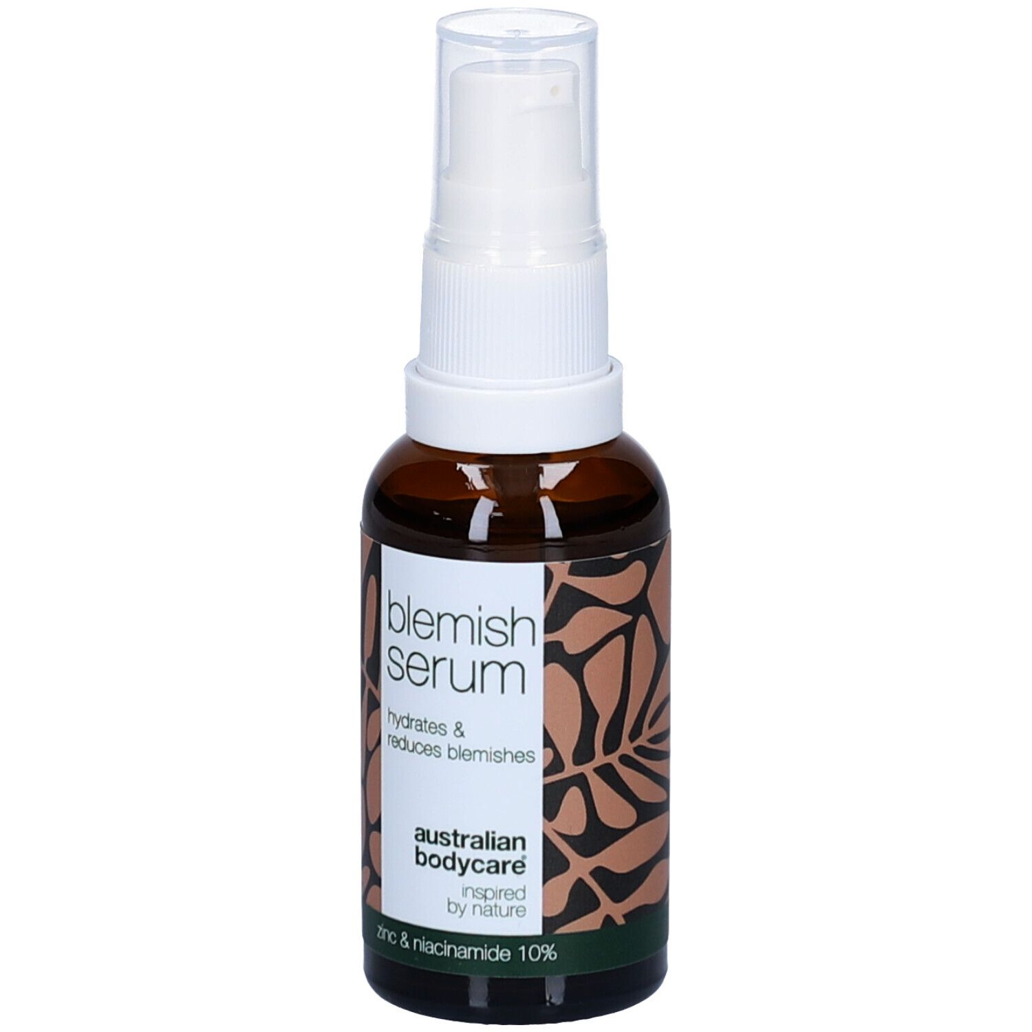 Braune Flasche mit weißem Pumpkopf. Aufschrift: Blemish Serum, hydratisiert & reduziert Hautunreinheiten.