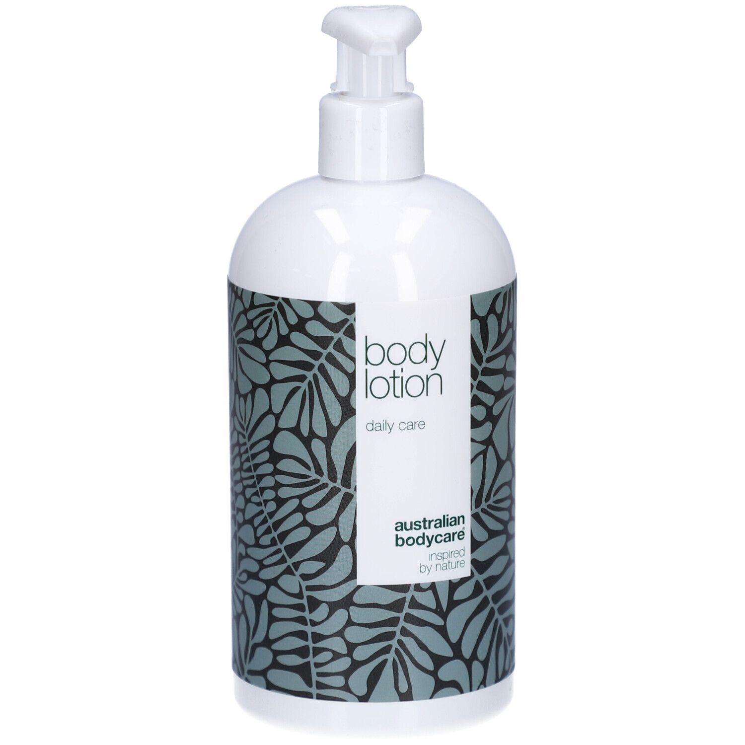 Weiße Flasche mit Pumpe. Aufkleber mit floralem Muster und Text: body lotion, australian bodycare.