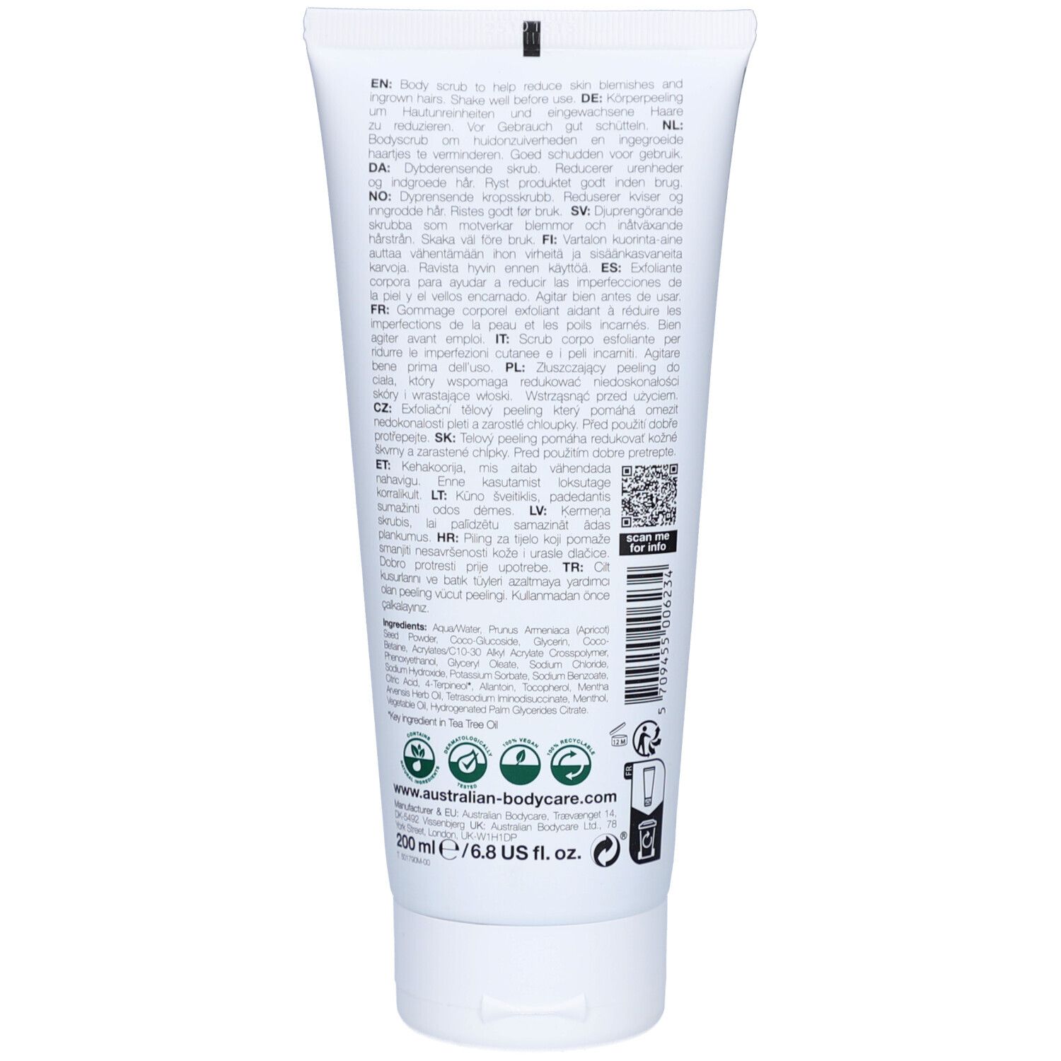 Weiße Tube mit Rückseitenetikett, das Inhaltsstoffe und Anwendungsanleitungen in mehreren Sprachen auflistet. 200 ml.