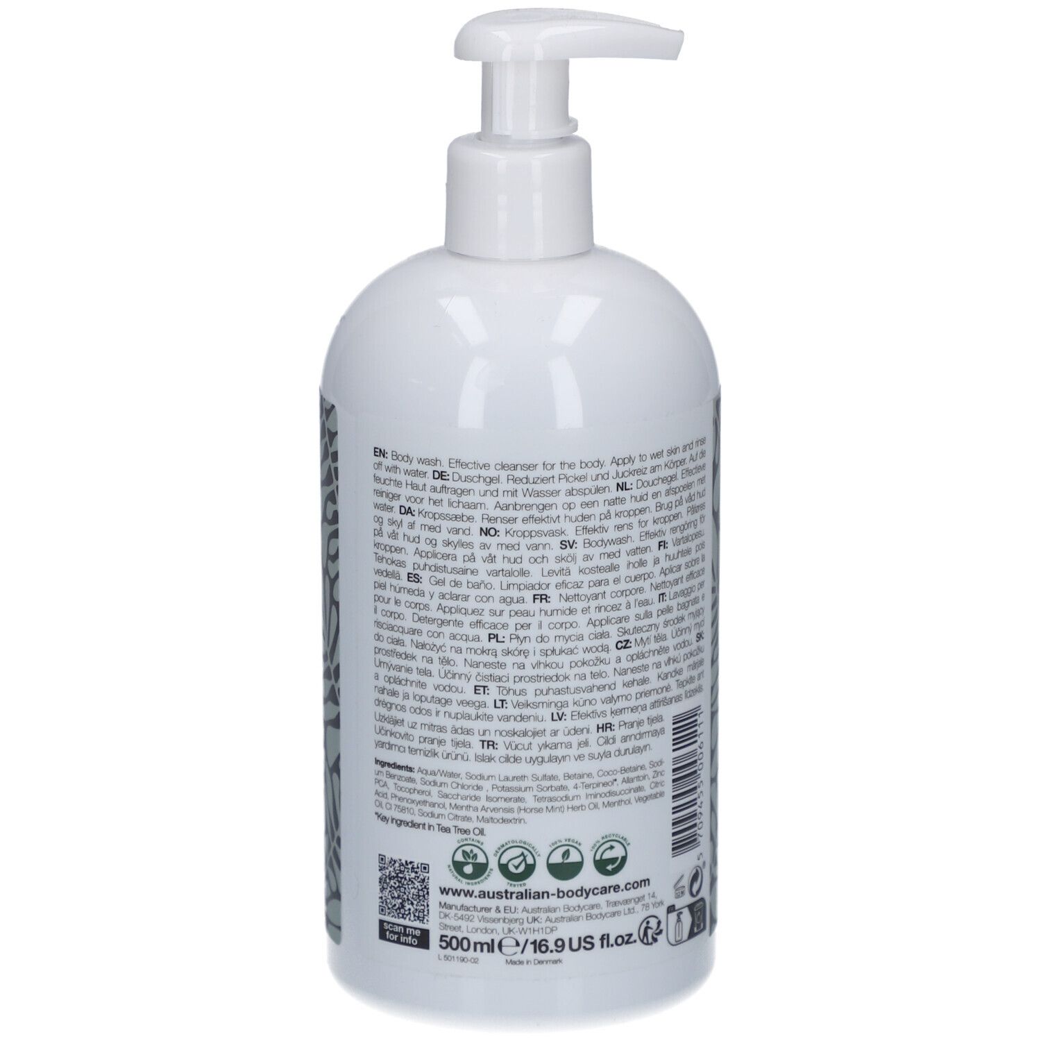 Weiße Pumpflasche mit Körperreiniger. 500ml. Enthält Teebaumöl.