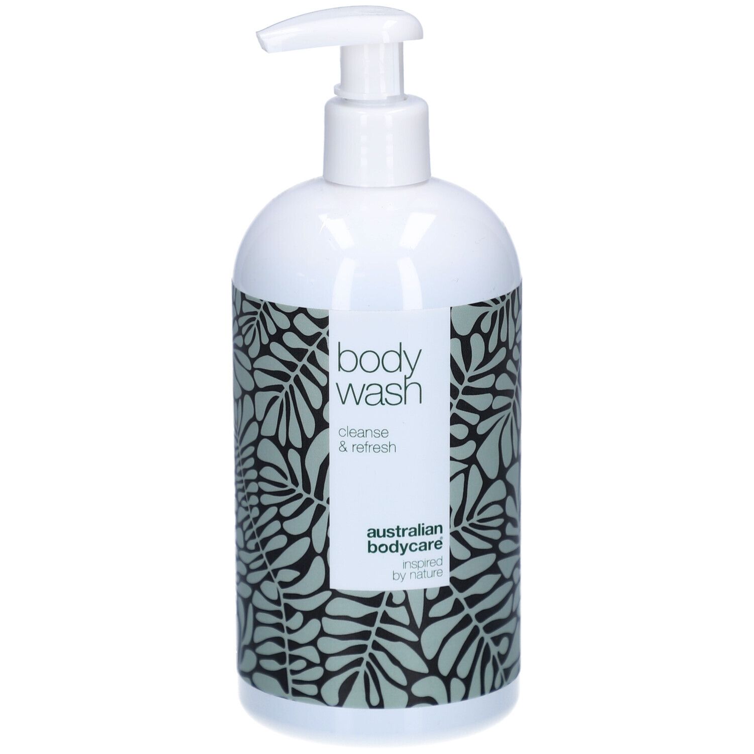 Weiße Flasche mit Pumpspender, bedruckt mit grünen Blättern. Beschriftung: 'body wash', 'cleanse & refresh', 'australian bodycare'.