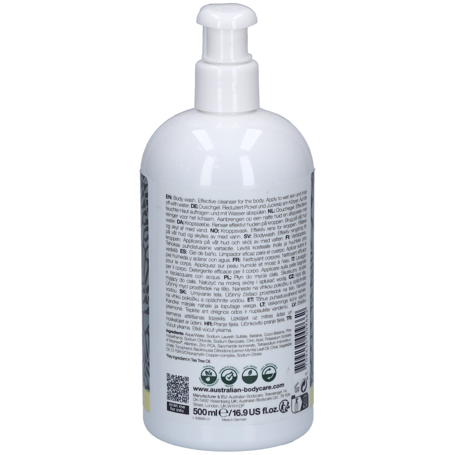 Weiße Pumpflasche mit Körperreiniger, 500ml.