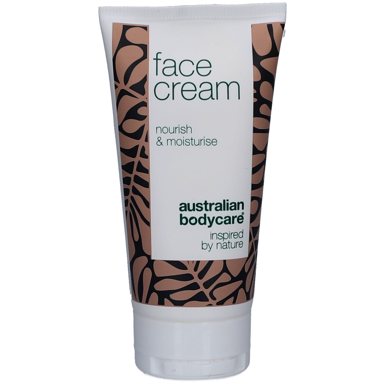 Gesichtscreme-Tube. Weiß, mit braunem Muster. Text: face cream, nourish & moisturise, australian bodycare.