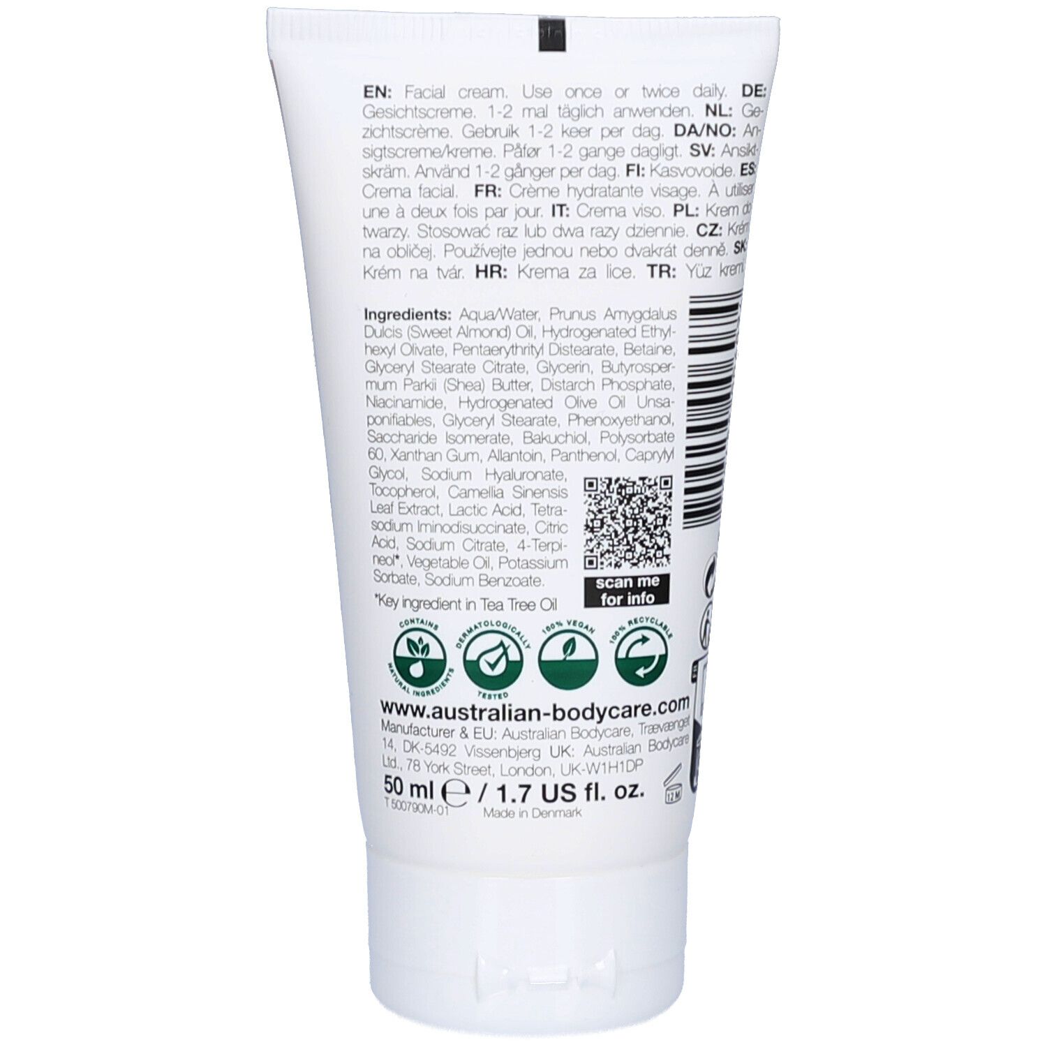 Rückseite der Gesichtscreme-Tube. Text: Inhaltsstoffe, Anwendungshinweise, QR-Code. Marke: australian bodycare.