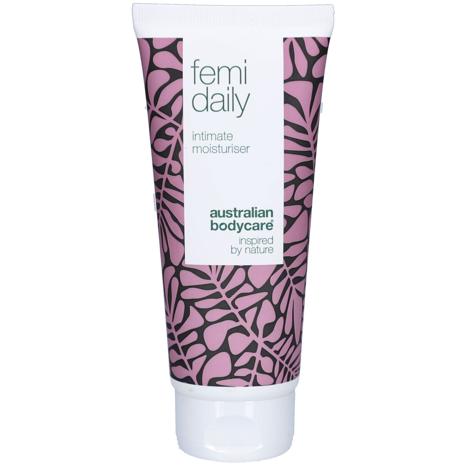 Tube mit Femi Daily Intimgel. Weißer Deckel, lila Muster. Text: Intimate Moisturiser, Australian Bodycare.