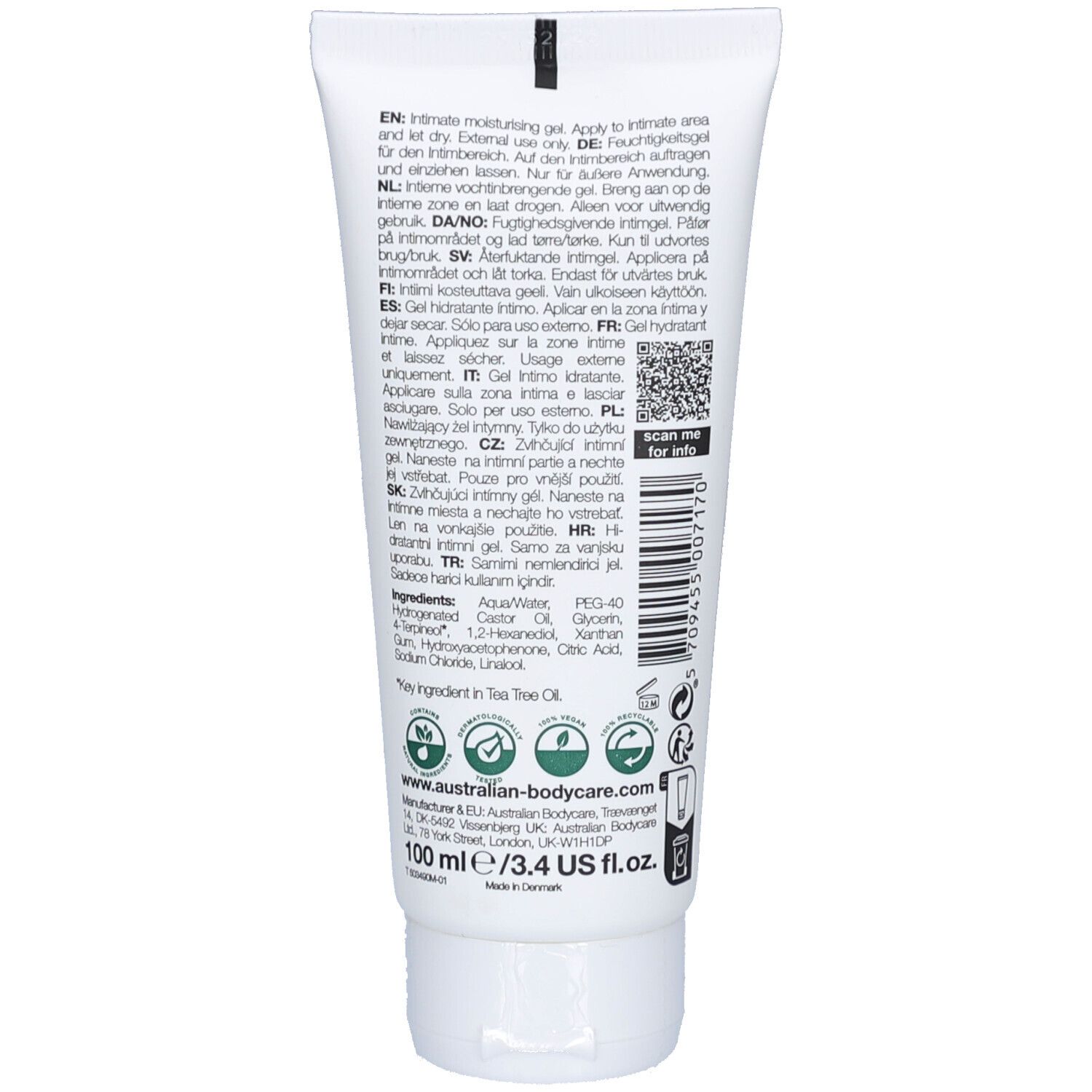 Rückseite der Tube Femi Daily Intimgel. Text in mehreren Sprachen, Inhaltsstoffe, Herstellerinformationen.