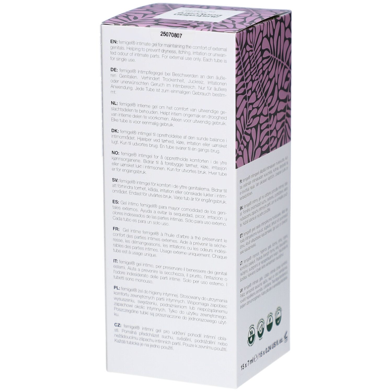 Verpackung mit mehrsprachigen Anwendungshinweisen und floralem Muster.