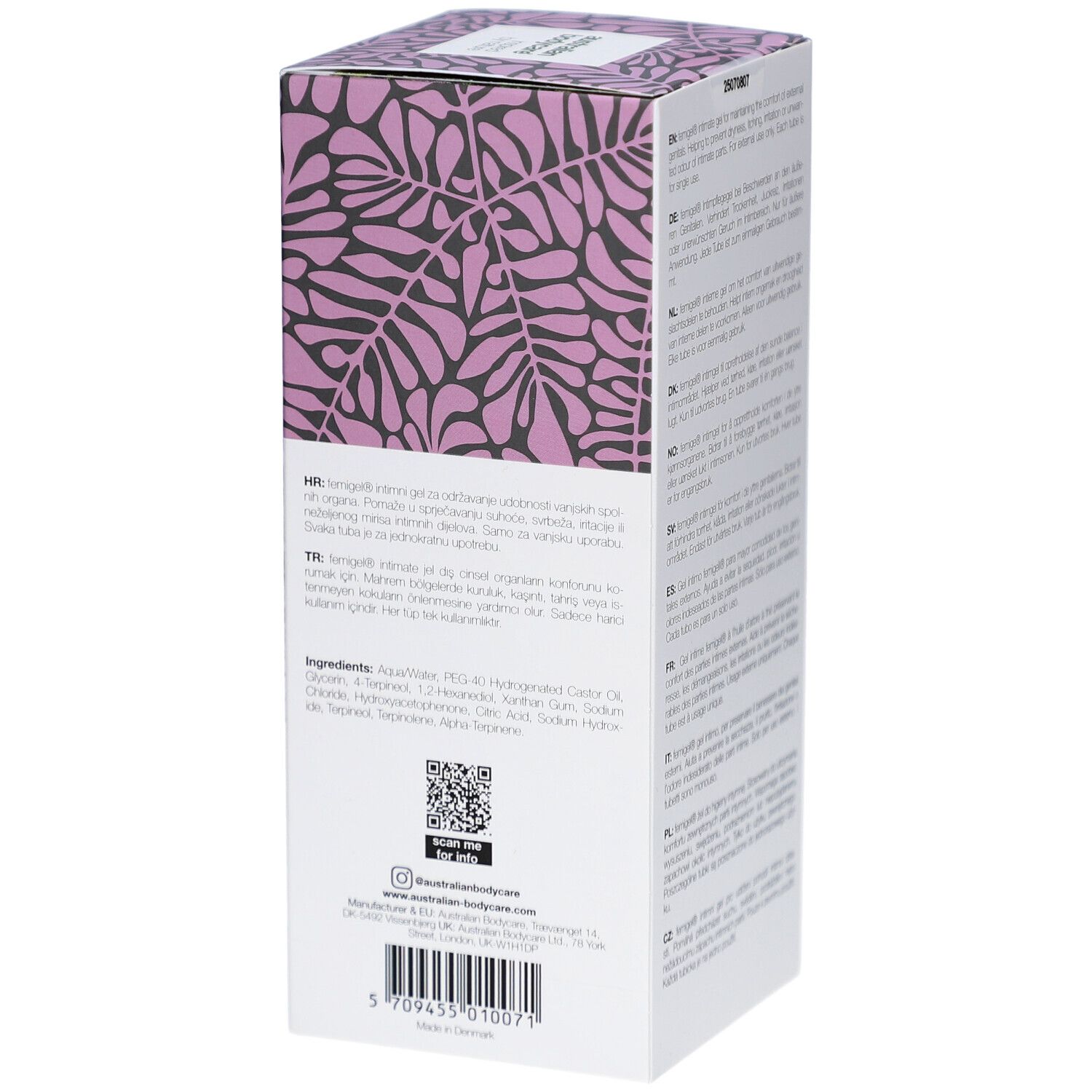 Weiße Box mit lila Blattmuster und Produktinformationen.