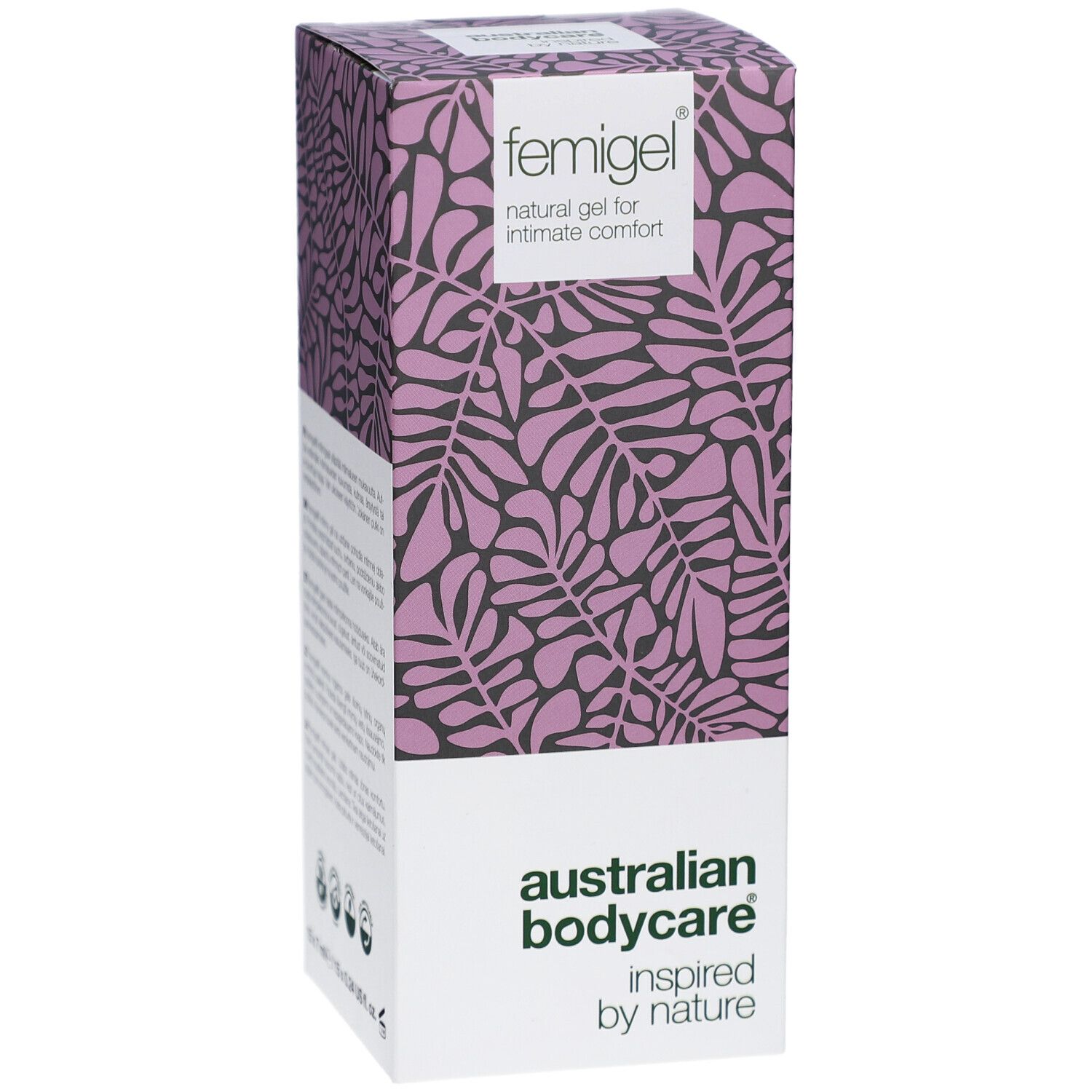 Verpackung von Femigell, ein natürliches Gel für Intimkomfort von Australian Bodycare.