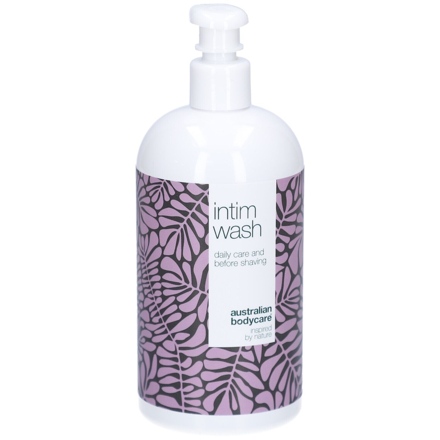 Weißer Spender mit lila Muster und Text: Intim Wash. Australian Bodycare.