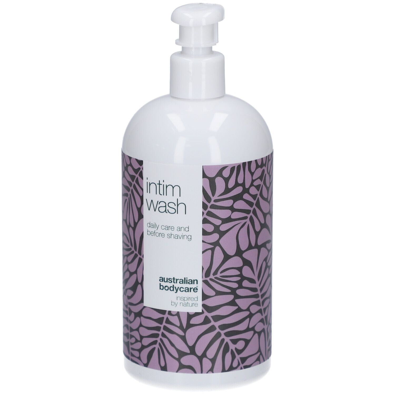 Weißer Spender mit lila Muster und Text: Intim Wash. Australian Bodycare.